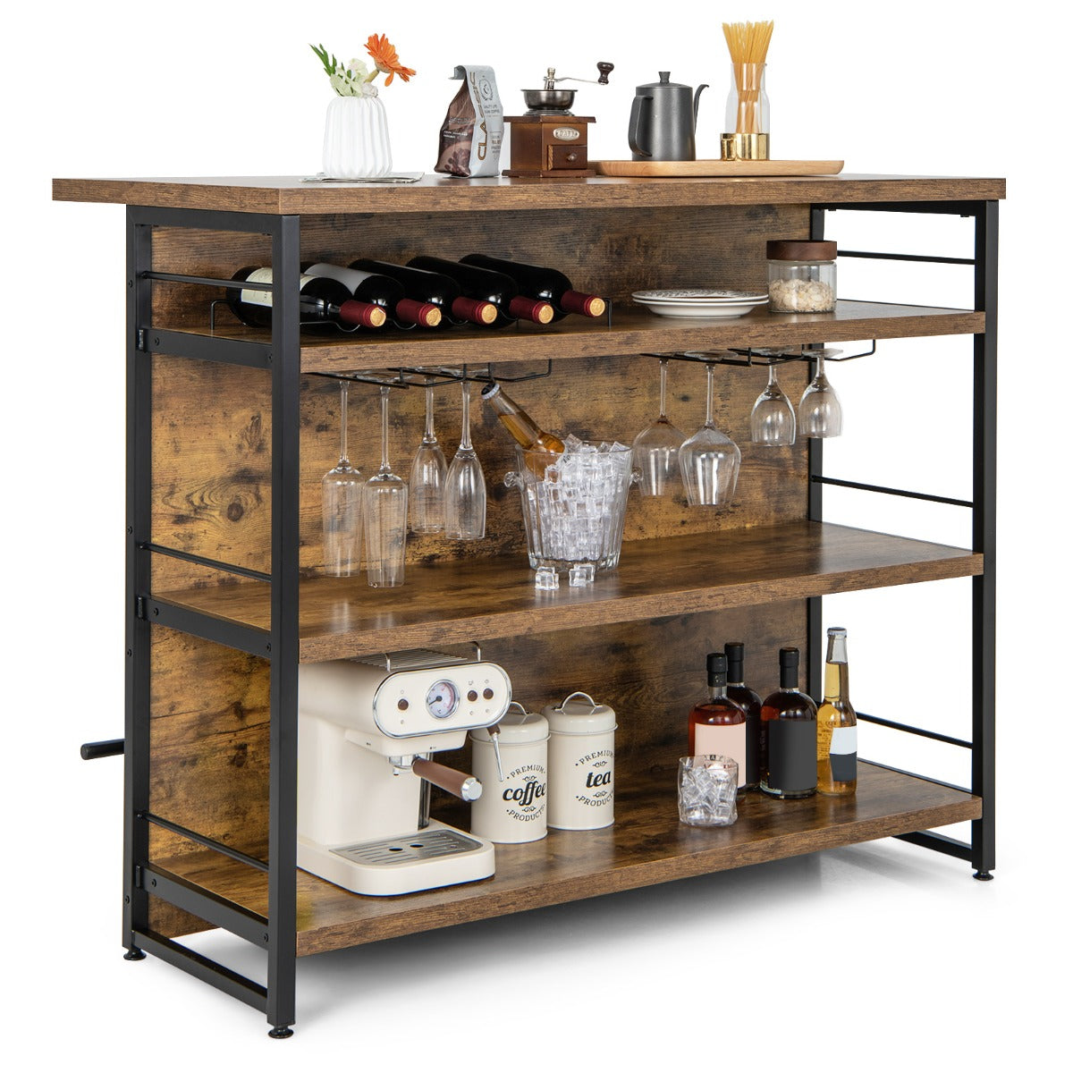 Mesa Alta de Barra para Cozinha Armário de Barra de Licor 4 Níveis com 3 Estantes Suportes para Vinho Ilha de Cozinha 120 x 60 x 101 cm Castanho