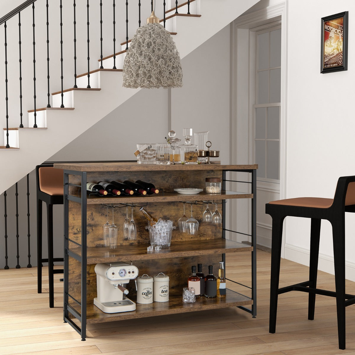 Mesa Alta de Barra para Cozinha Armário de Barra de Licor 4 Níveis com 3 Estantes Suportes para Vinho Ilha de Cozinha 120 x 60 x 101 cm Castanho