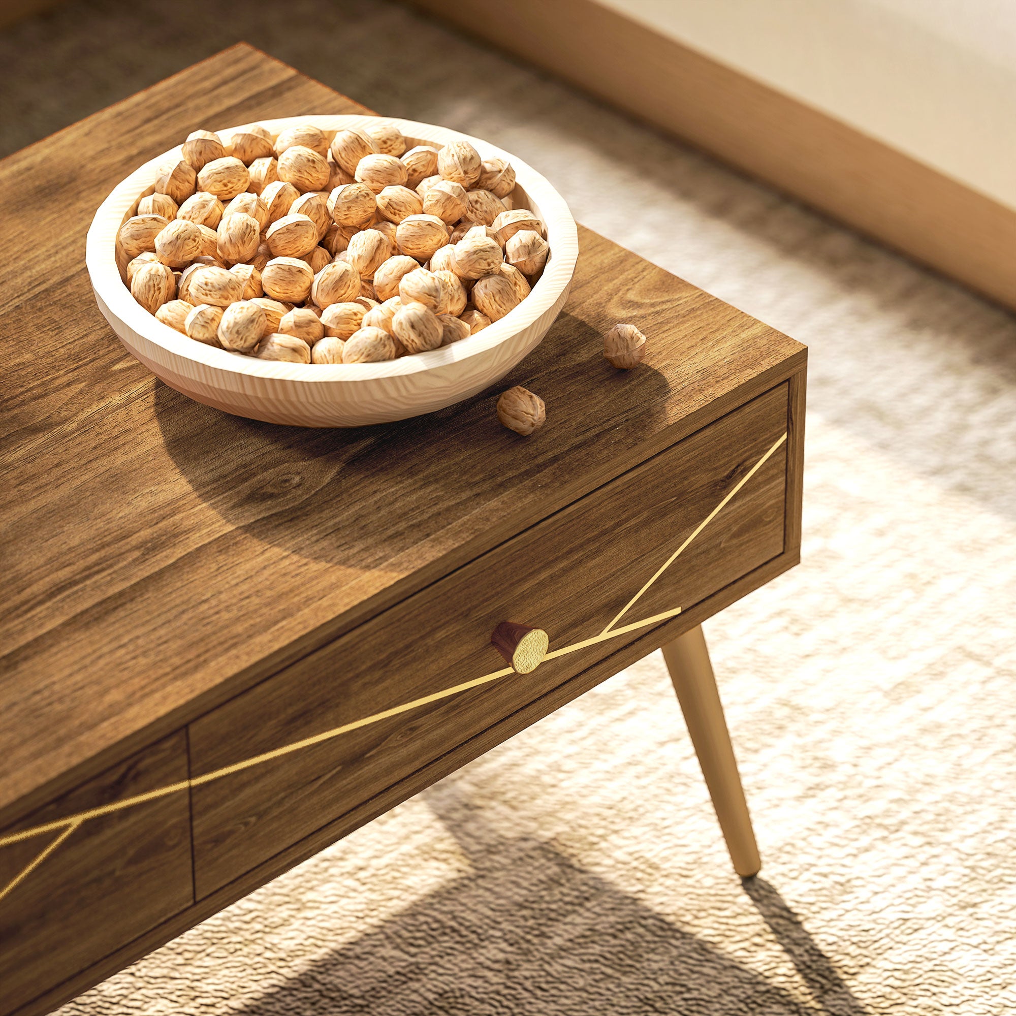 Mesa de Centro Marrom 100x50x41 cm com 2 Gavetas e Pés de Aço