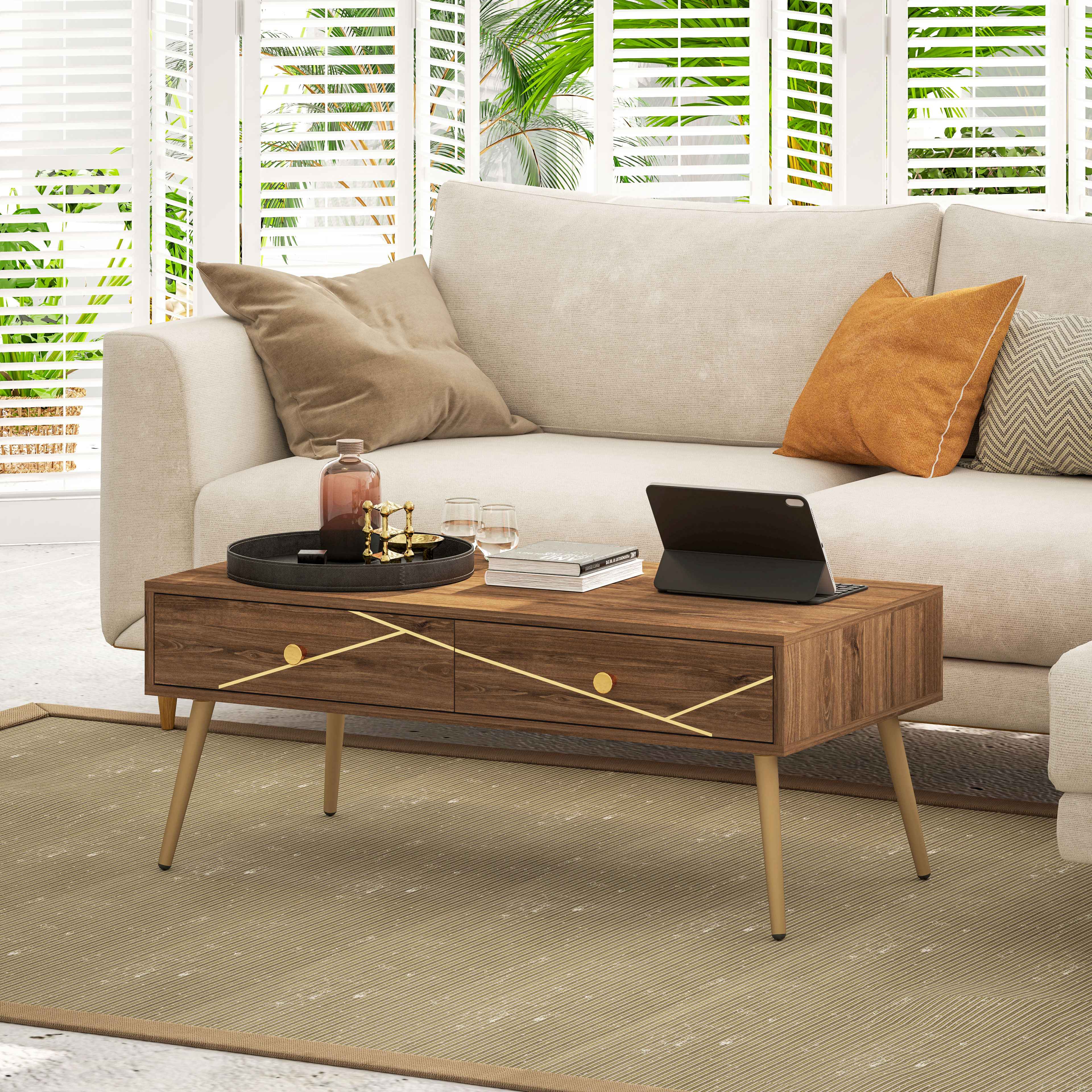 Mesa de Centro Marrom 100x50x41 cm com 2 Gavetas e Pés de Aço