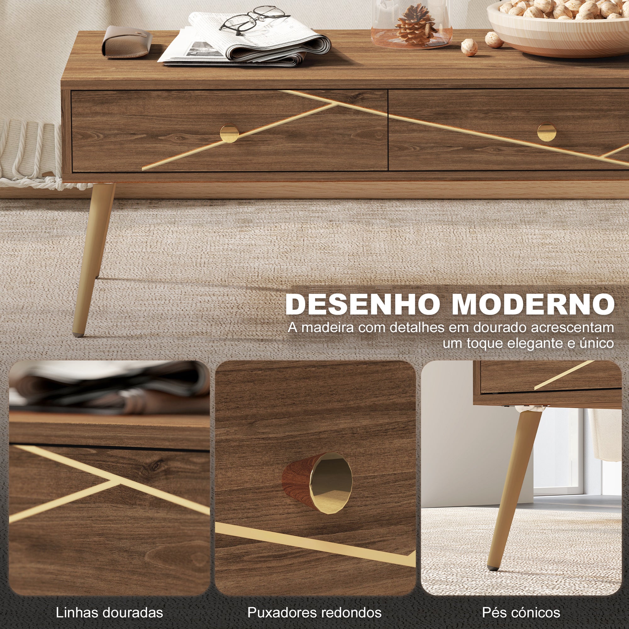Mesa de Centro Marrom 100x50x41 cm com 2 Gavetas e Pés de Aço