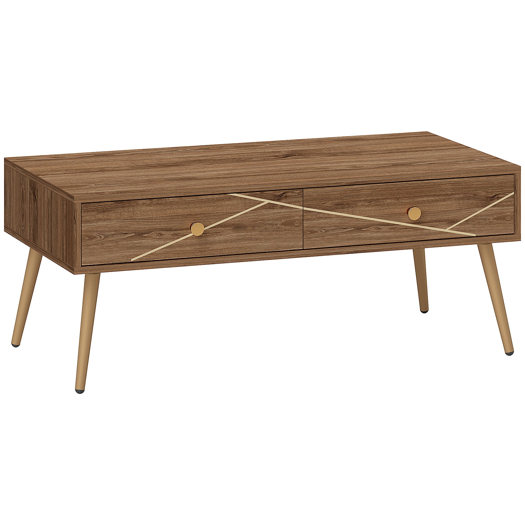 Mesa de Centro Marrom 100x50x41 cm com 2 Gavetas e Pés de Aço