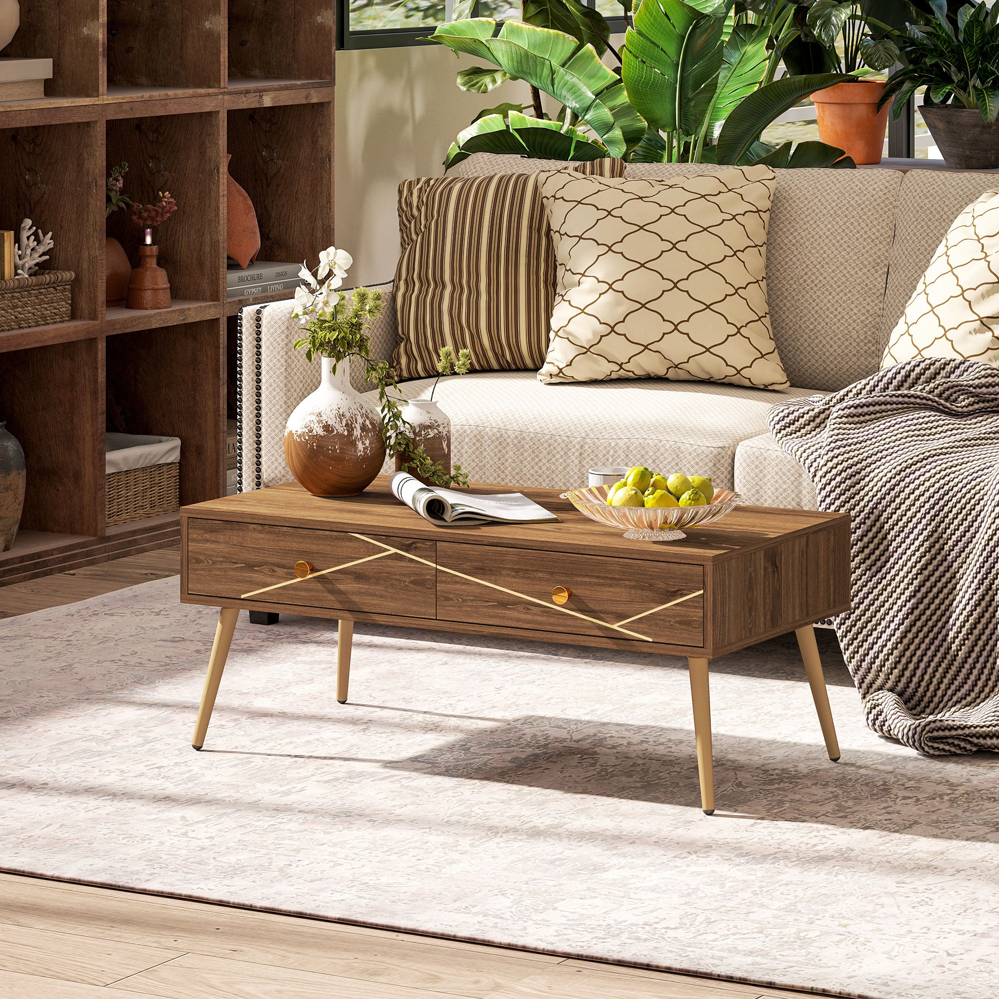 Mesa de Centro Marrom 100x50x41 cm com 2 Gavetas e Pés de Aço