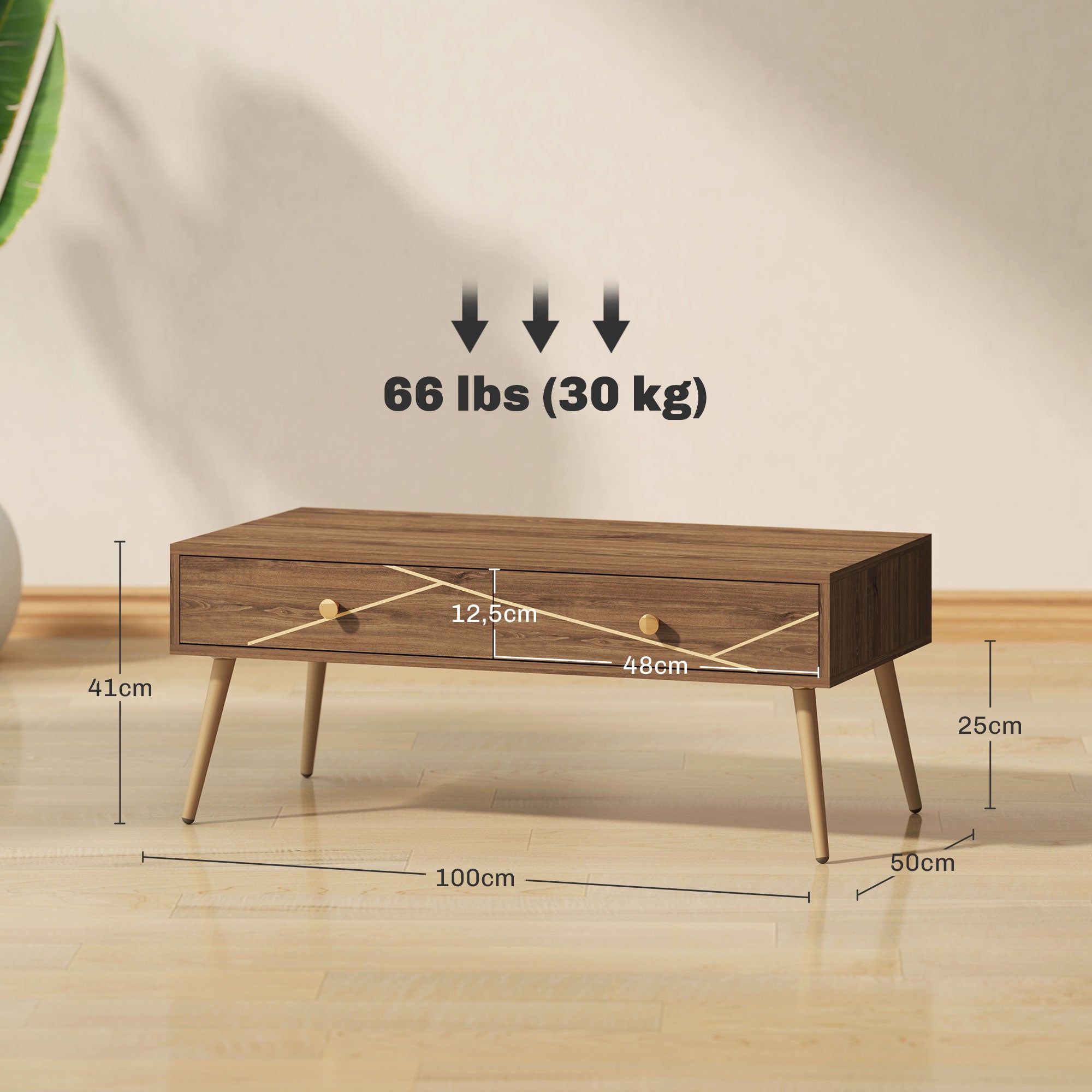 Mesa de Centro Marrom 100x50x41 cm com 2 Gavetas e Pés de Aço