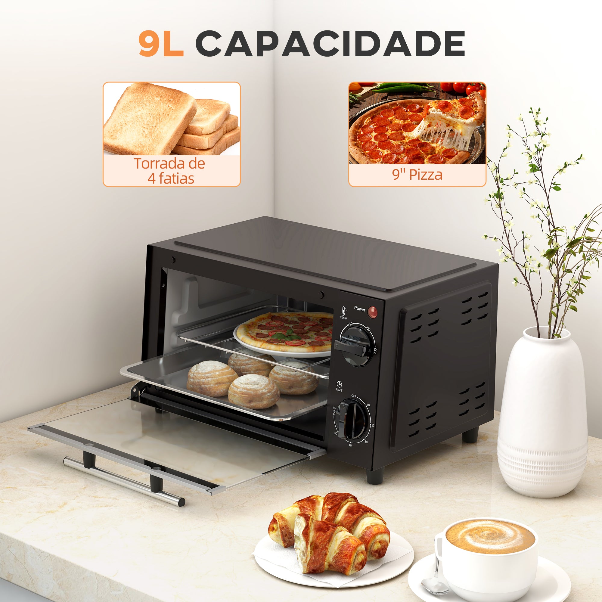 Mini Forno Elétrico de Bancada 9L Preto 35x24,6x20 cm