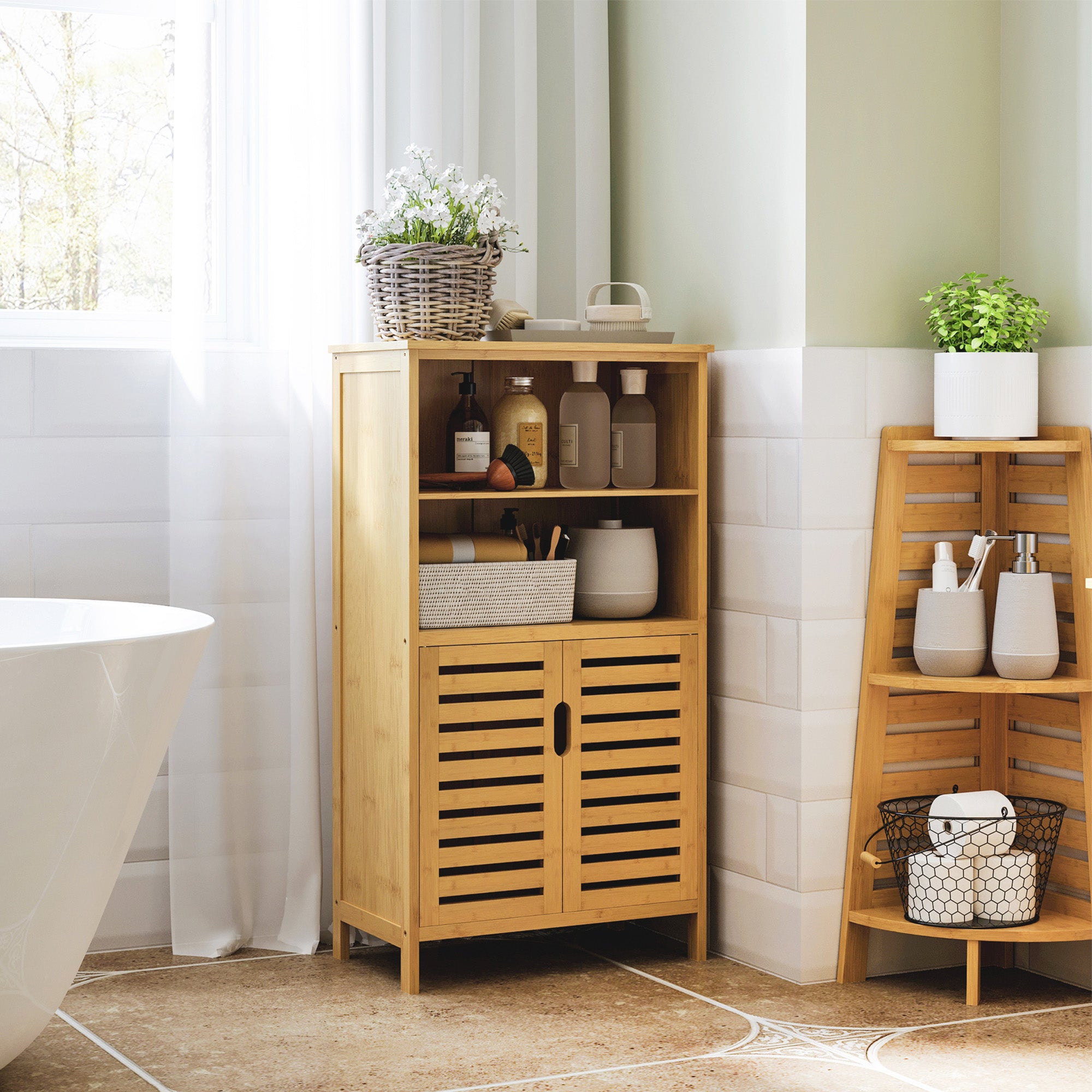 Armário de Casa de Banho em Bambu 50x29x92 cm Cor de Madeira Natural