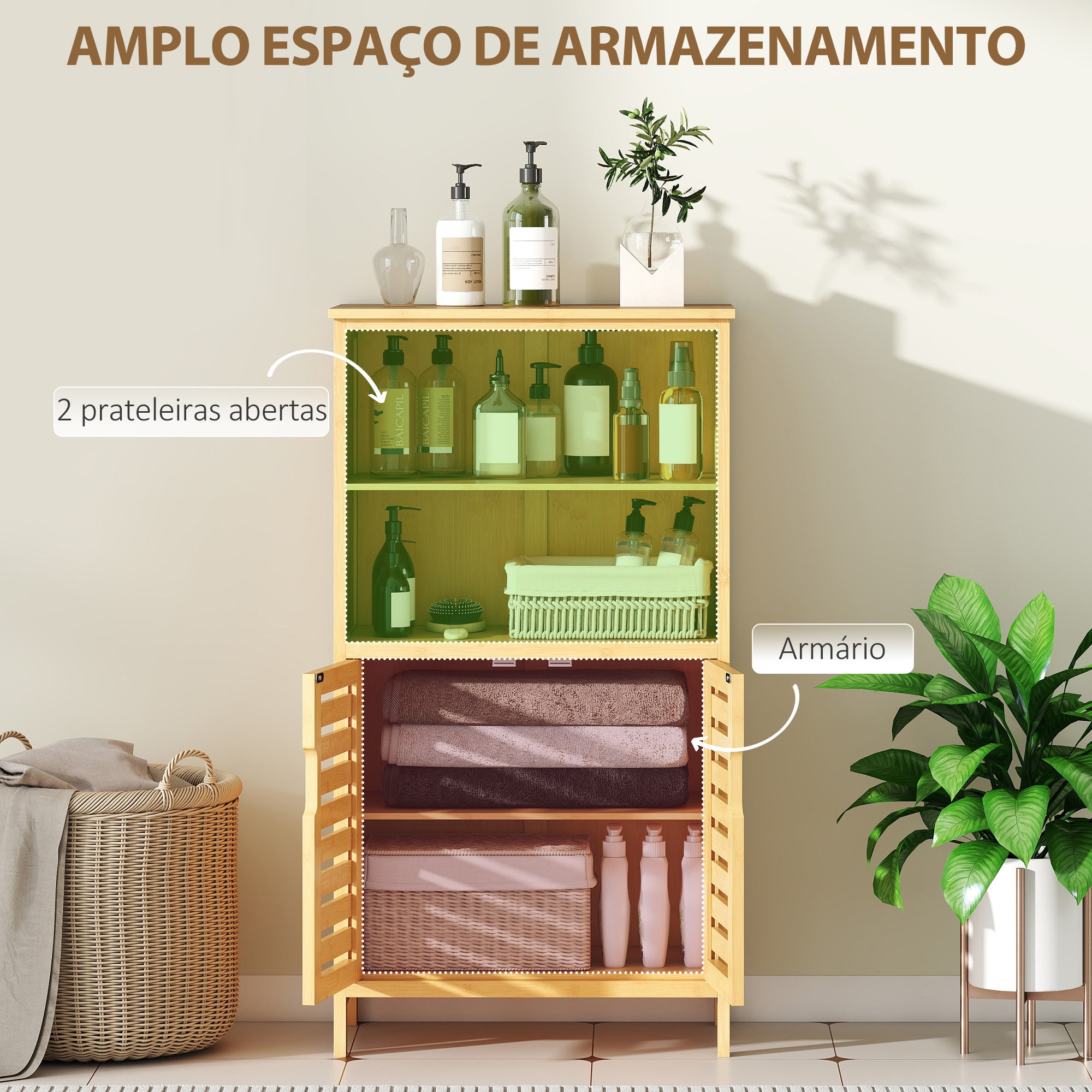 Armário de Casa de Banho em Bambu 50x29x92 cm Cor de Madeira Natural