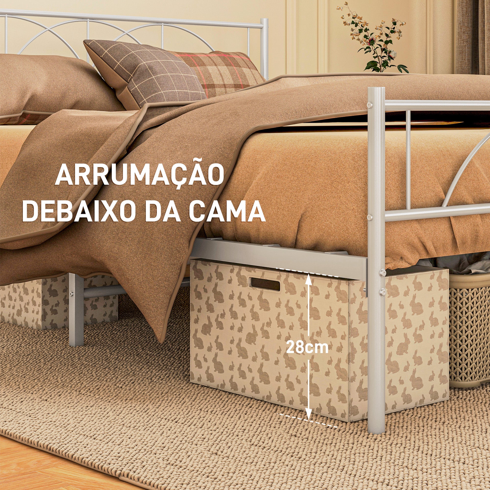Cama de Casal Branca 154,5x210x98 cm Estrutura de Ripas de Aço com Cabeceira - Carga 330 kg