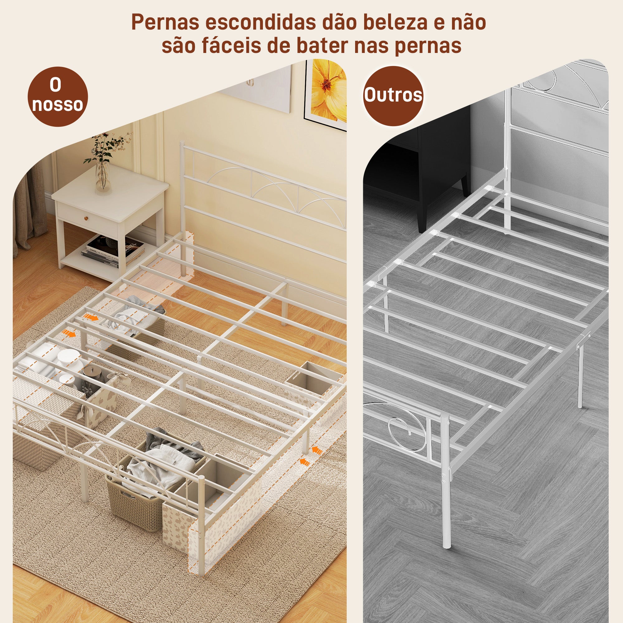 Cama de Casal Branca 154,5x210x98 cm Estrutura de Ripas de Aço com Cabeceira - Carga 330 kg