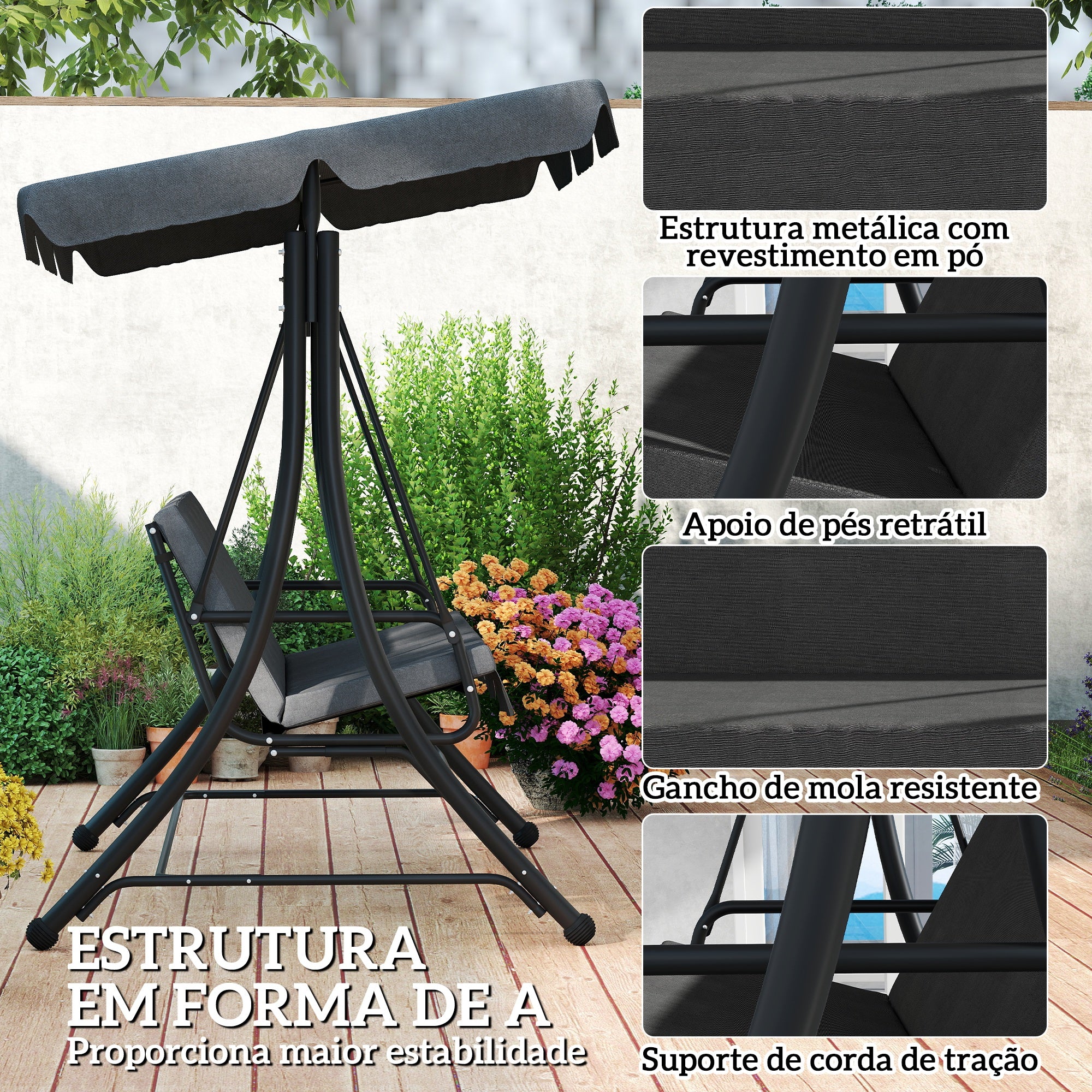 Baloiço de Jardim 3 Lugares Cinza Escuro 200x127x170 cm