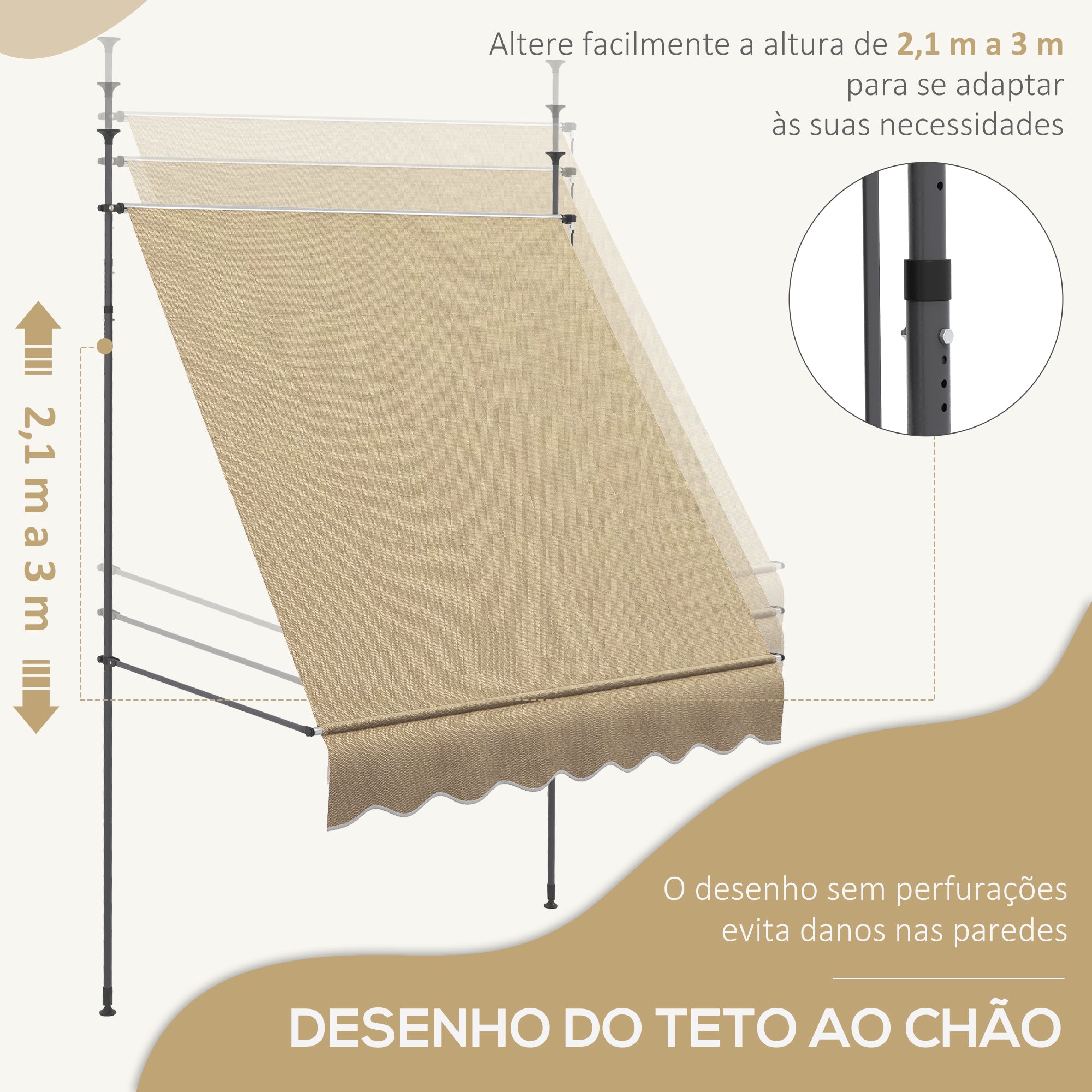 Toldo Manual Retrátil Bege 200x120x210-300 cm - Impermeável e Anti-UV