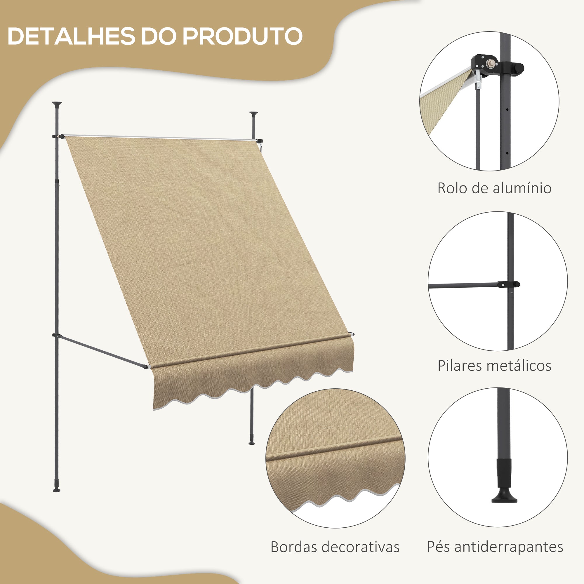 Toldo Manual Retrátil Bege 200x120x210-300 cm - Impermeável e Anti-UV