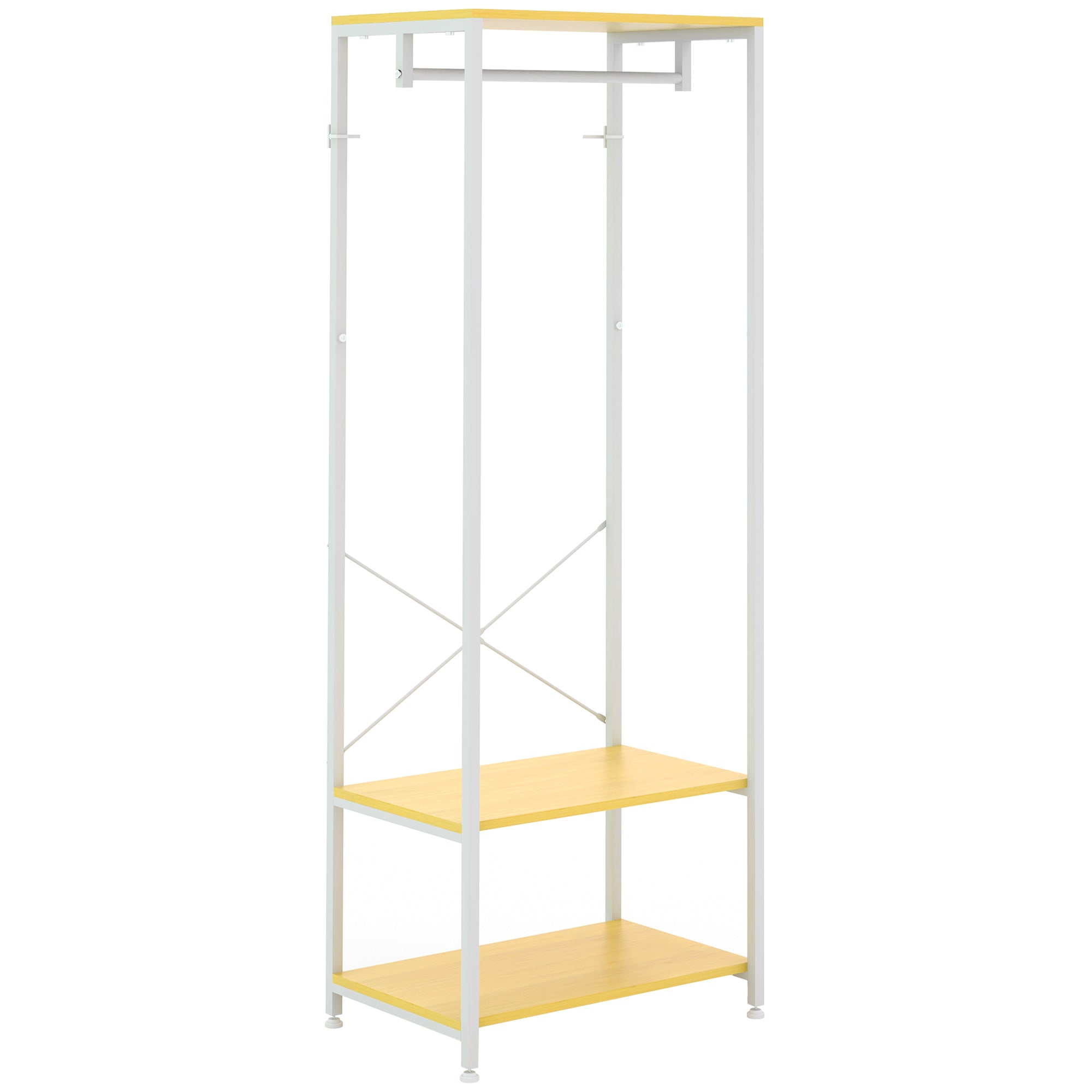 Suporte para Cabide com Barra Suspensa e 2 Estantes de Armazenamento para 6 Pares de Sapatos 60x40x167,5 cm Natural e Branco