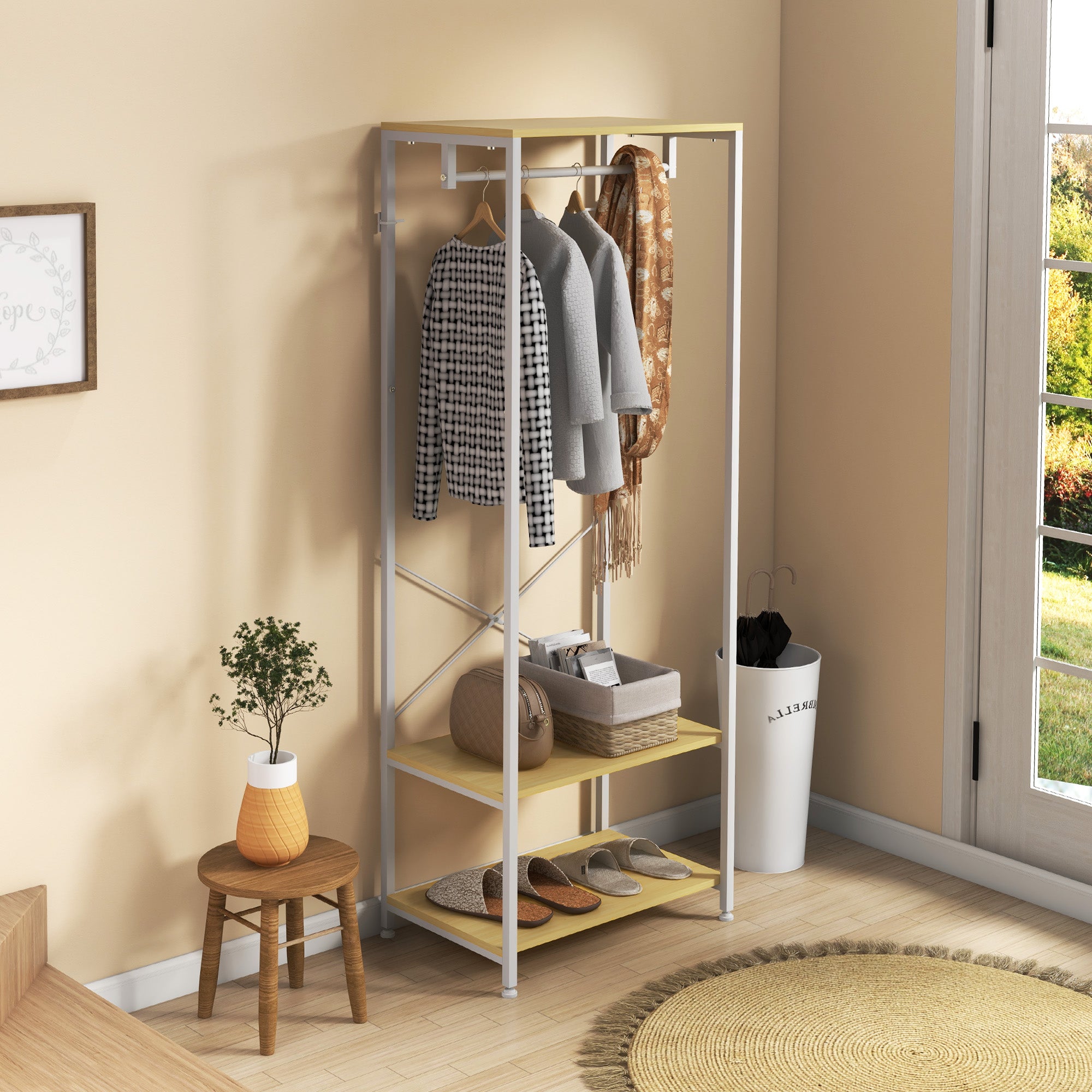 Suporte para Cabide com Barra Suspensa e 2 Estantes de Armazenamento para 6 Pares de Sapatos 60x40x167,5 cm Natural e Branco