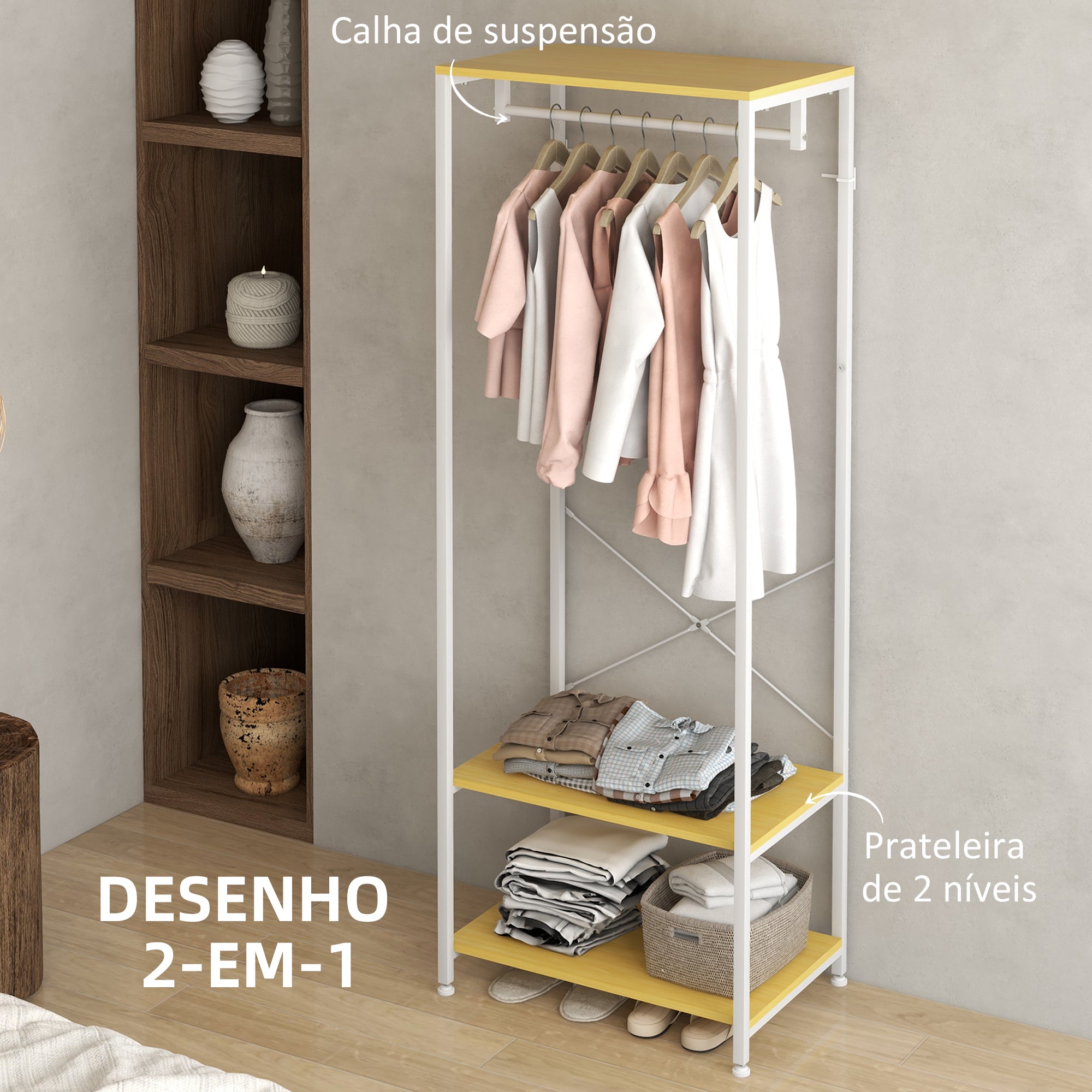 Suporte para Cabide com Barra Suspensa e 2 Estantes de Armazenamento para 6 Pares de Sapatos 60x40x167,5 cm Natural e Branco
