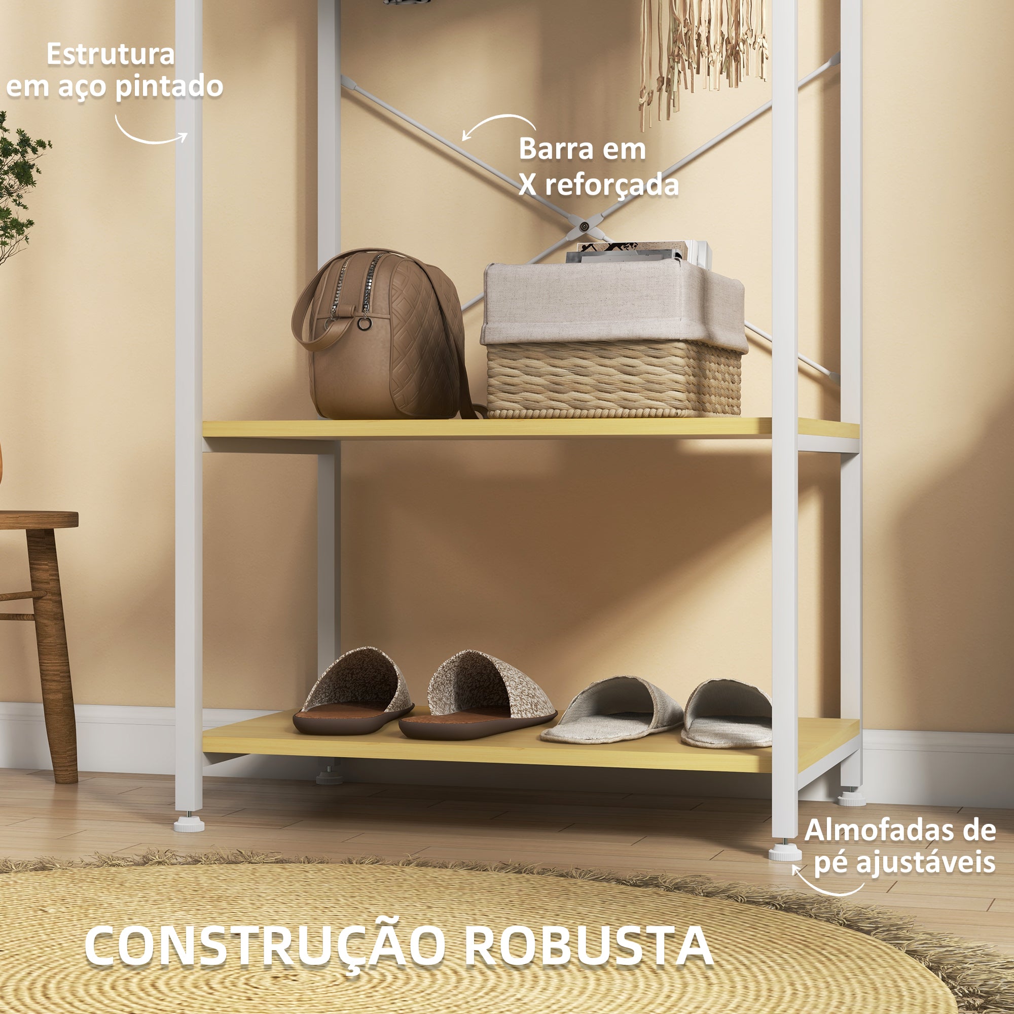 Suporte para Cabide com Barra Suspensa e 2 Estantes de Armazenamento para 6 Pares de Sapatos 60x40x167,5 cm Natural e Branco