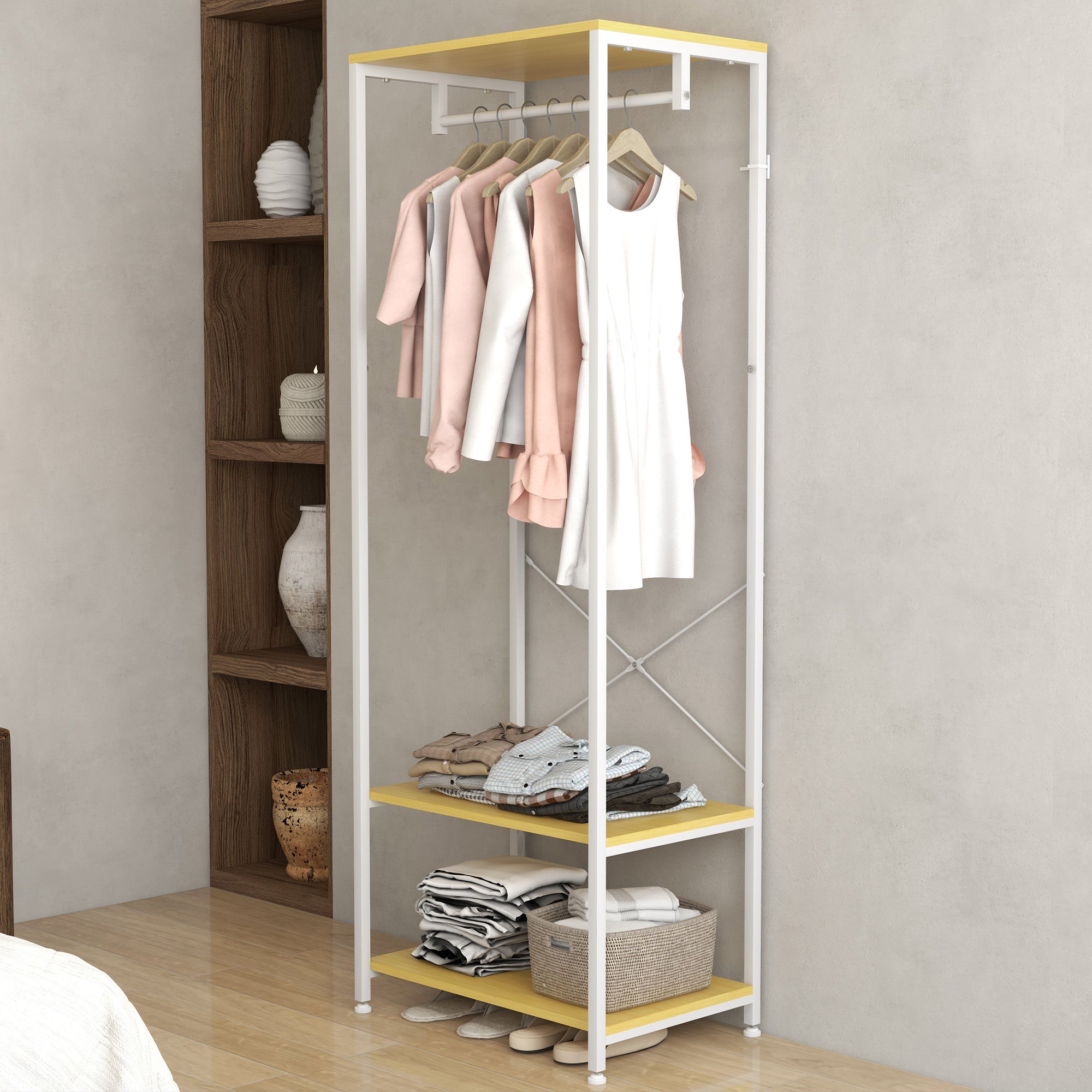 Suporte para Cabide com Barra Suspensa e 2 Estantes de Armazenamento para 6 Pares de Sapatos 60x40x167,5 cm Natural e Branco