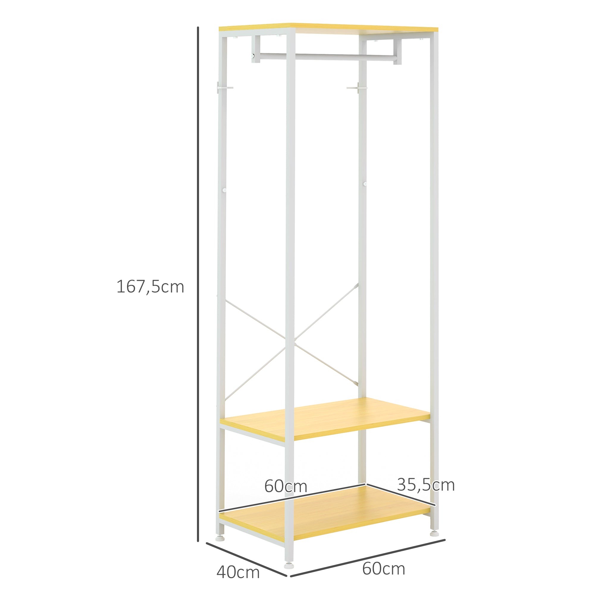 Suporte para Cabide com Barra Suspensa e 2 Estantes de Armazenamento para 6 Pares de Sapatos 60x40x167,5 cm Natural e Branco