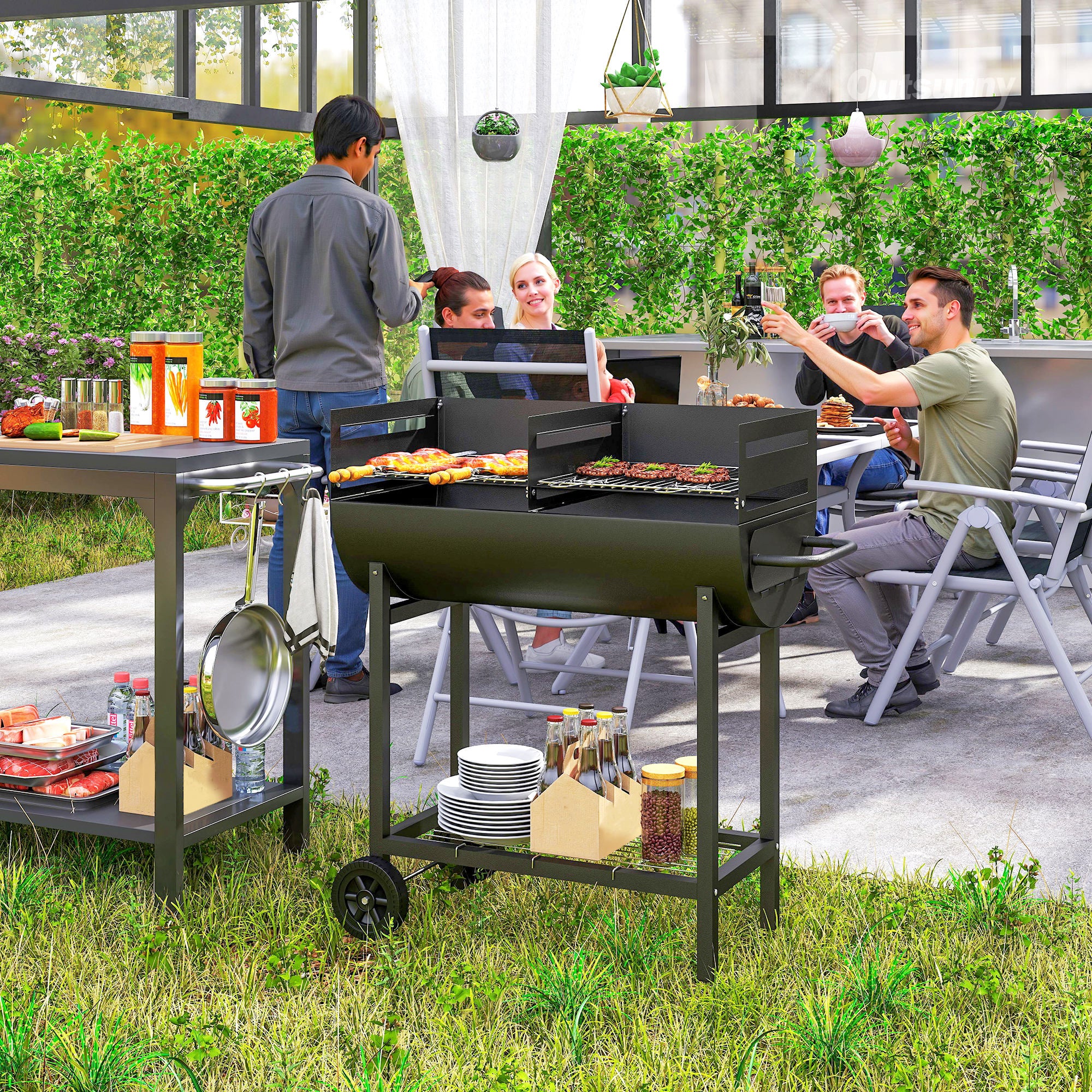 Barbecue a Carvão com Grelha Dupla Ajustável em Altura 90x45x96 cm Preto