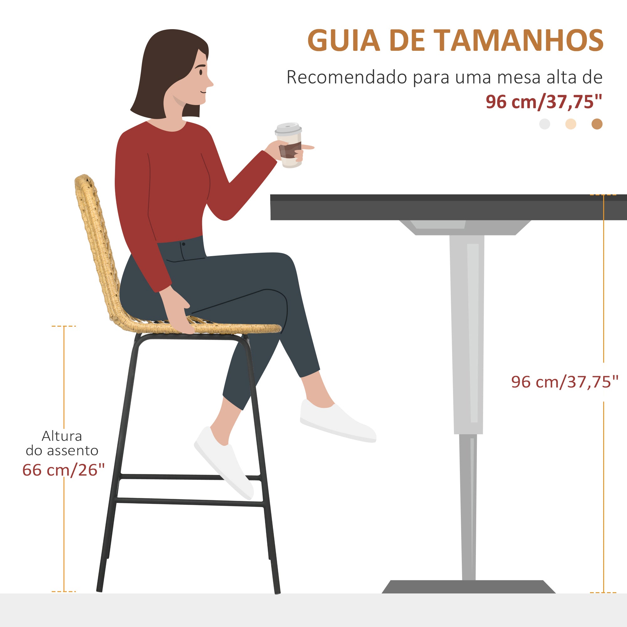 Bancos Altos de Cozinha – 42,5x52x102 cm – Madeira e Preto – Vime Sintético e Aço