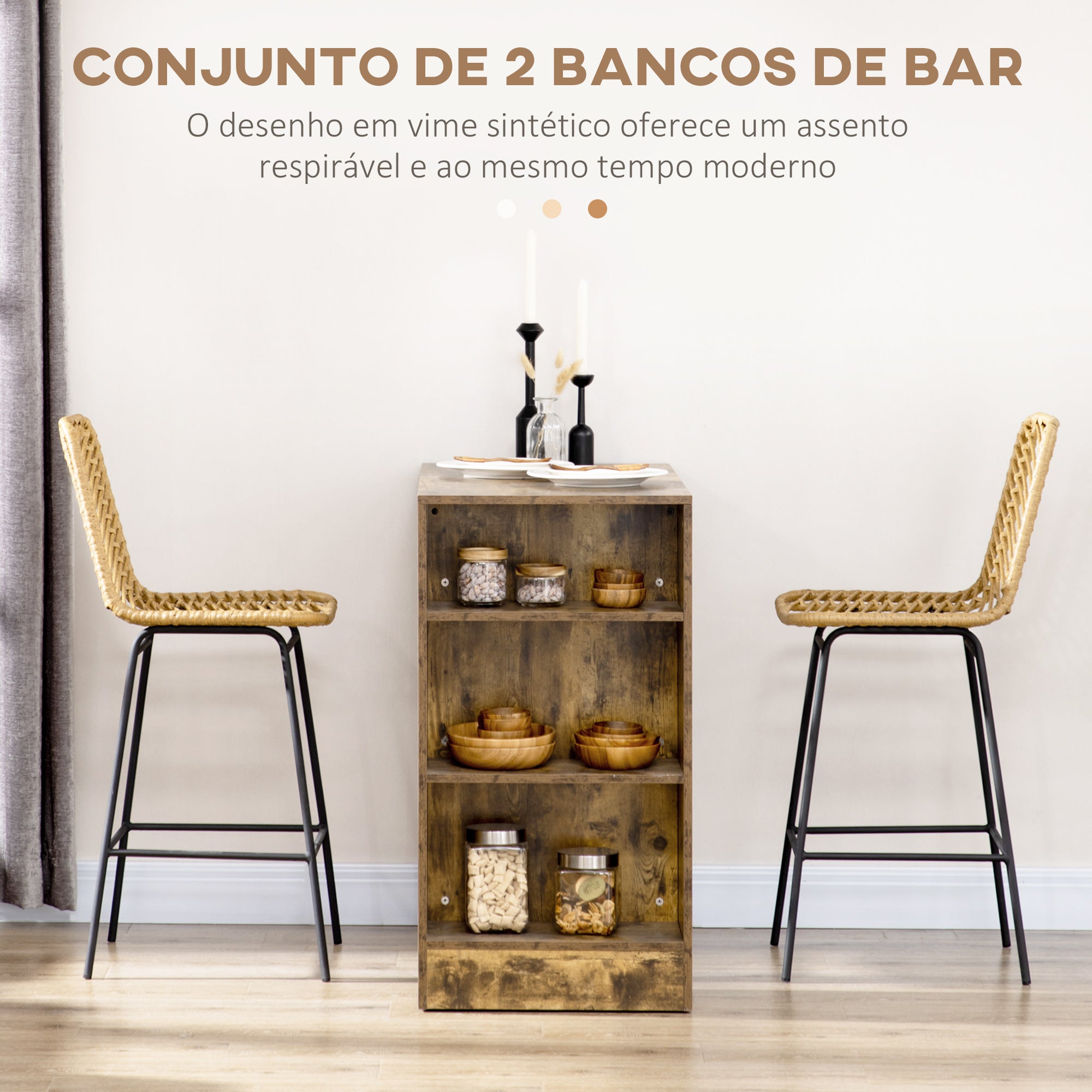 Bancos Altos de Cozinha – 42,5x52x102 cm – Madeira e Preto – Vime Sintético e Aço