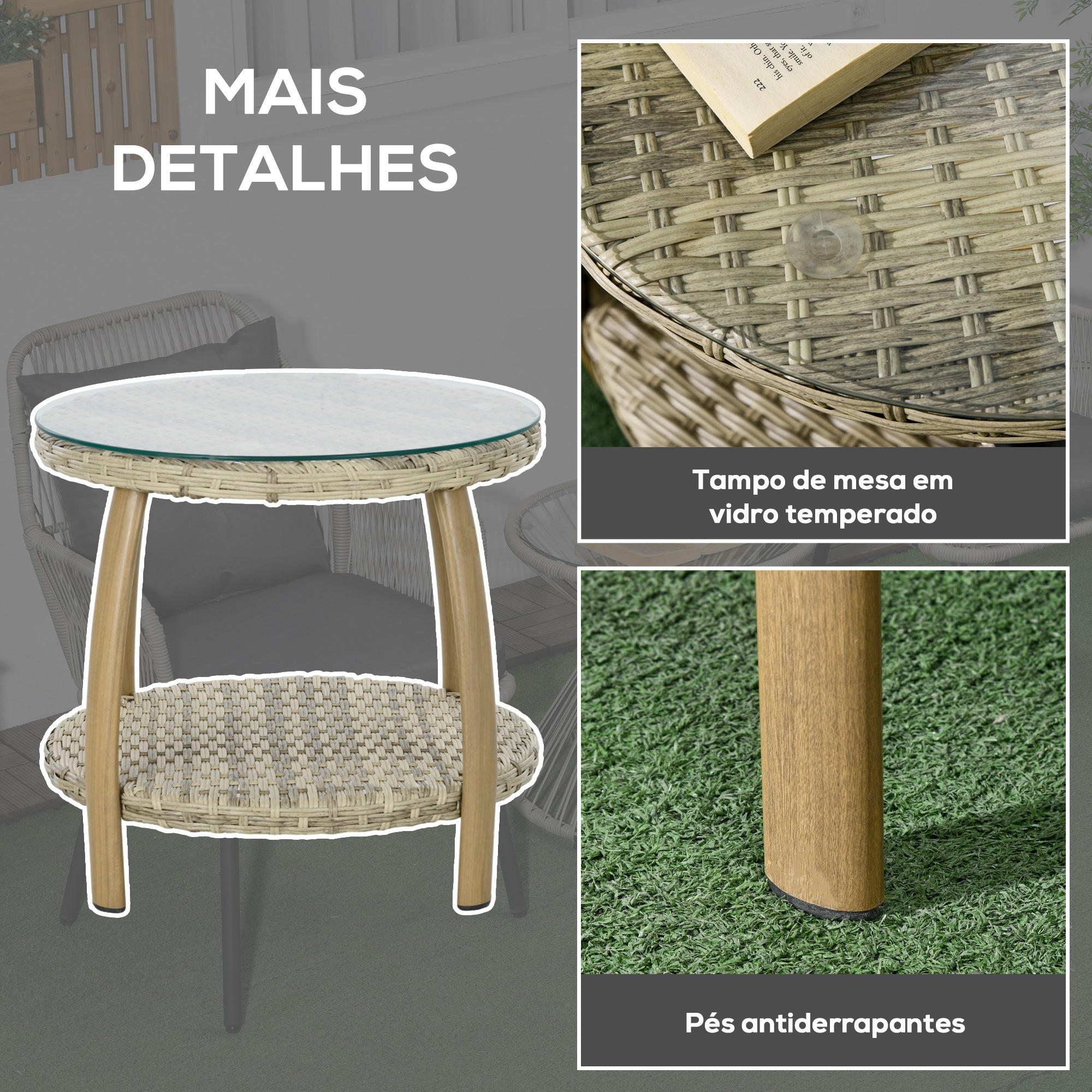 Conjunto de Mesa e Cadeiras 57x68,5x78 cm em Vime - Marróm Misto e Cinza Claro