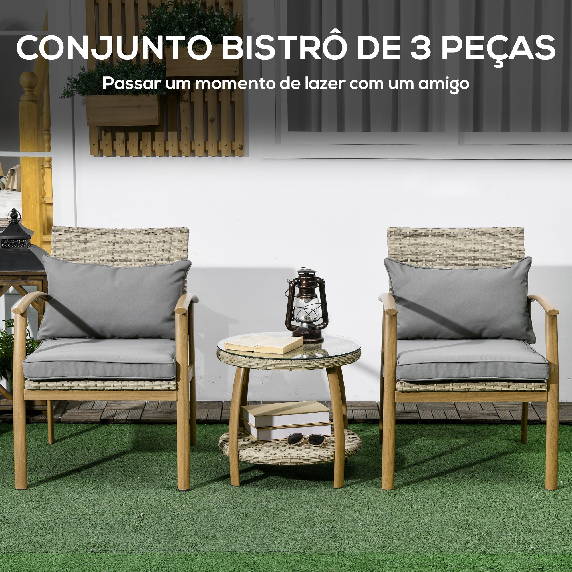 Conjunto de Mesa e Cadeiras 57x68,5x78 cm em Vime - Marróm Misto e Cinza Claro