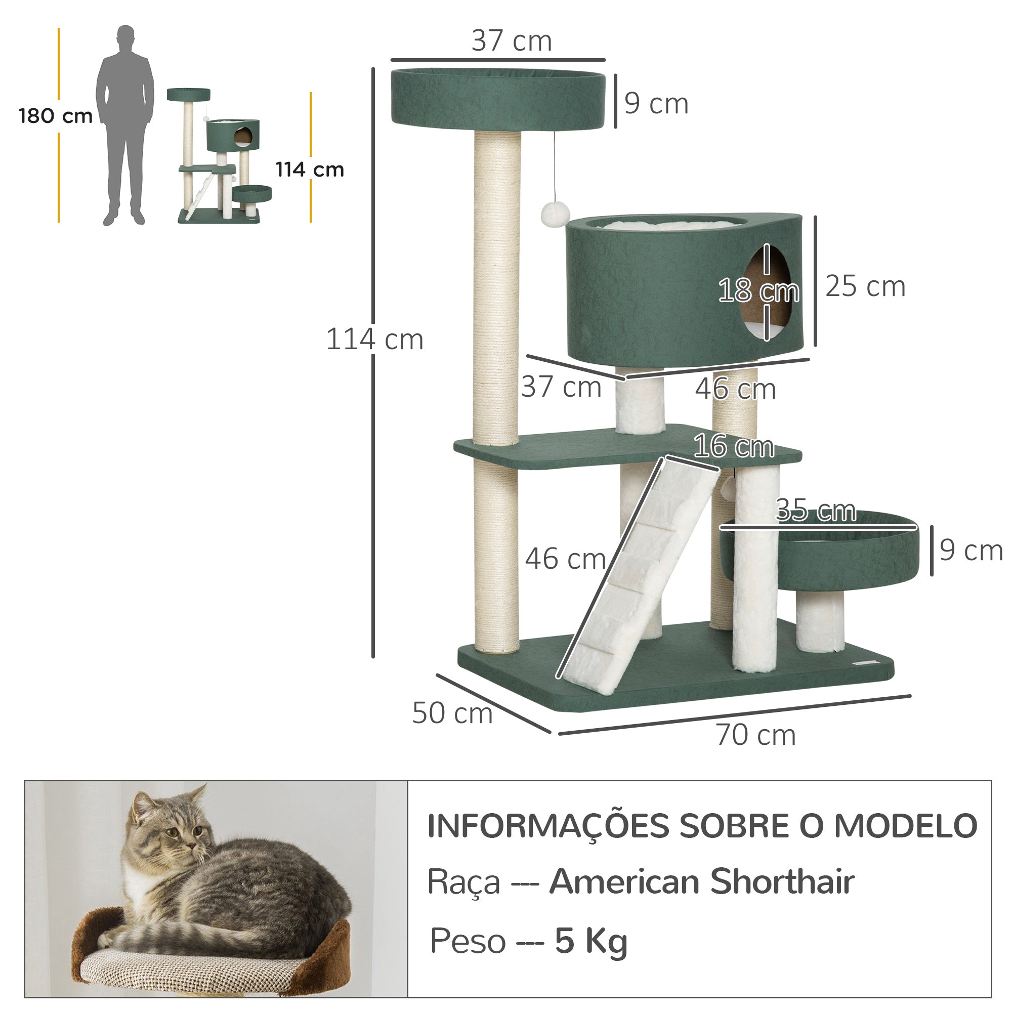 Arranhador para Gatos Verde Escuro 70x50x114 cm