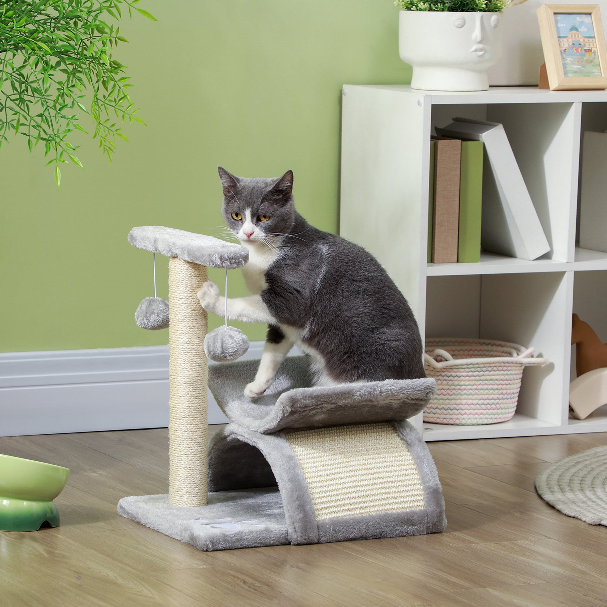 Arranhador para Gatos Cinza 40x30x43 cm - Poste Giratório e Esconderijo