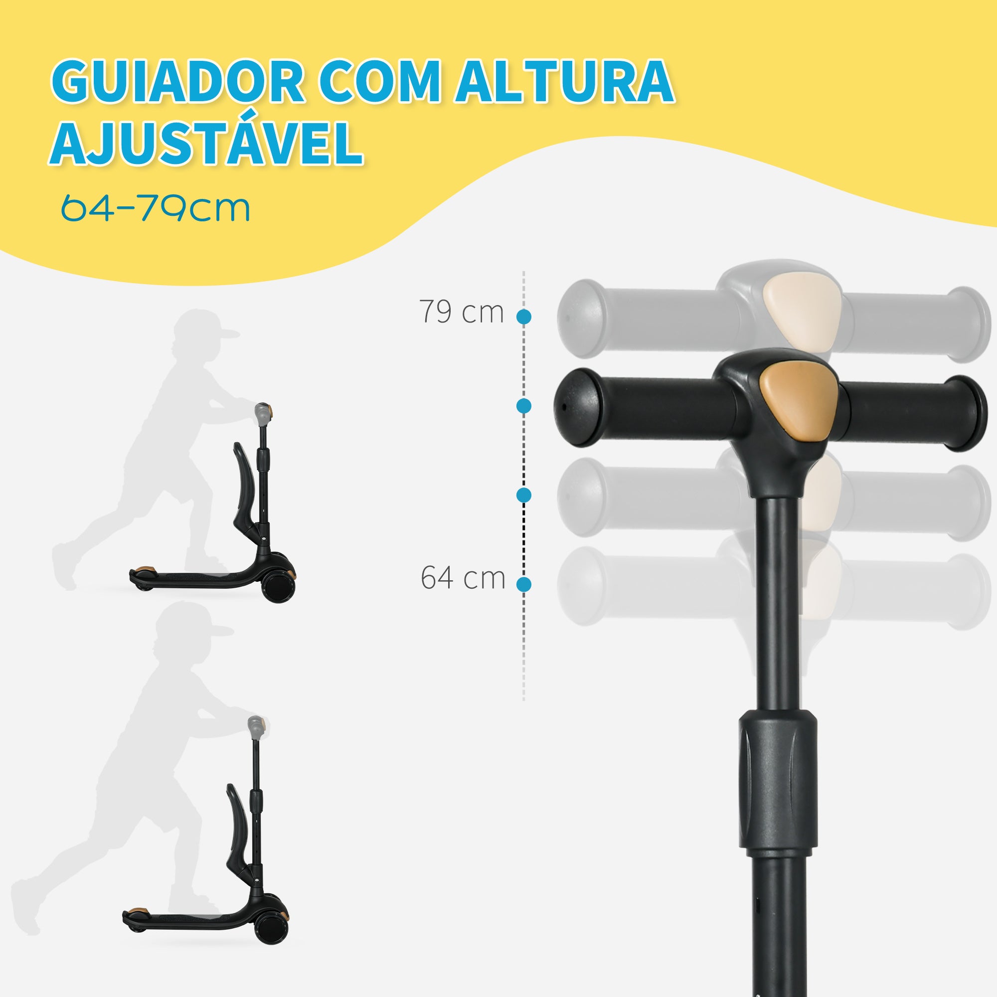 Trotinete Infantil 2 em 1 Altura Ajustável 3 Rodas Brilhantes - Preto 58x31x64-79 cm