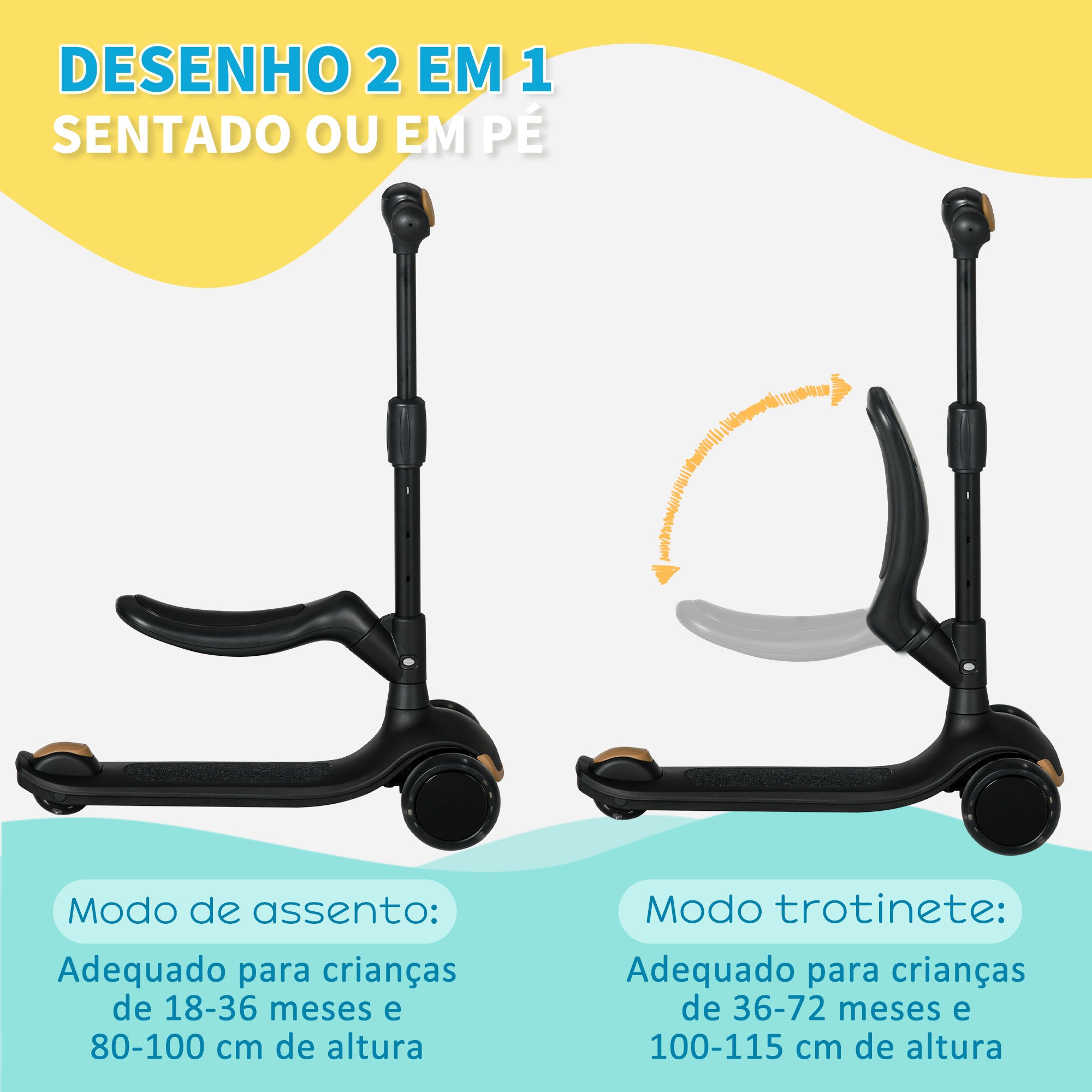 Trotinete Infantil 2 em 1 Altura Ajustável 3 Rodas Brilhantes - Preto 58x31x64-79 cm