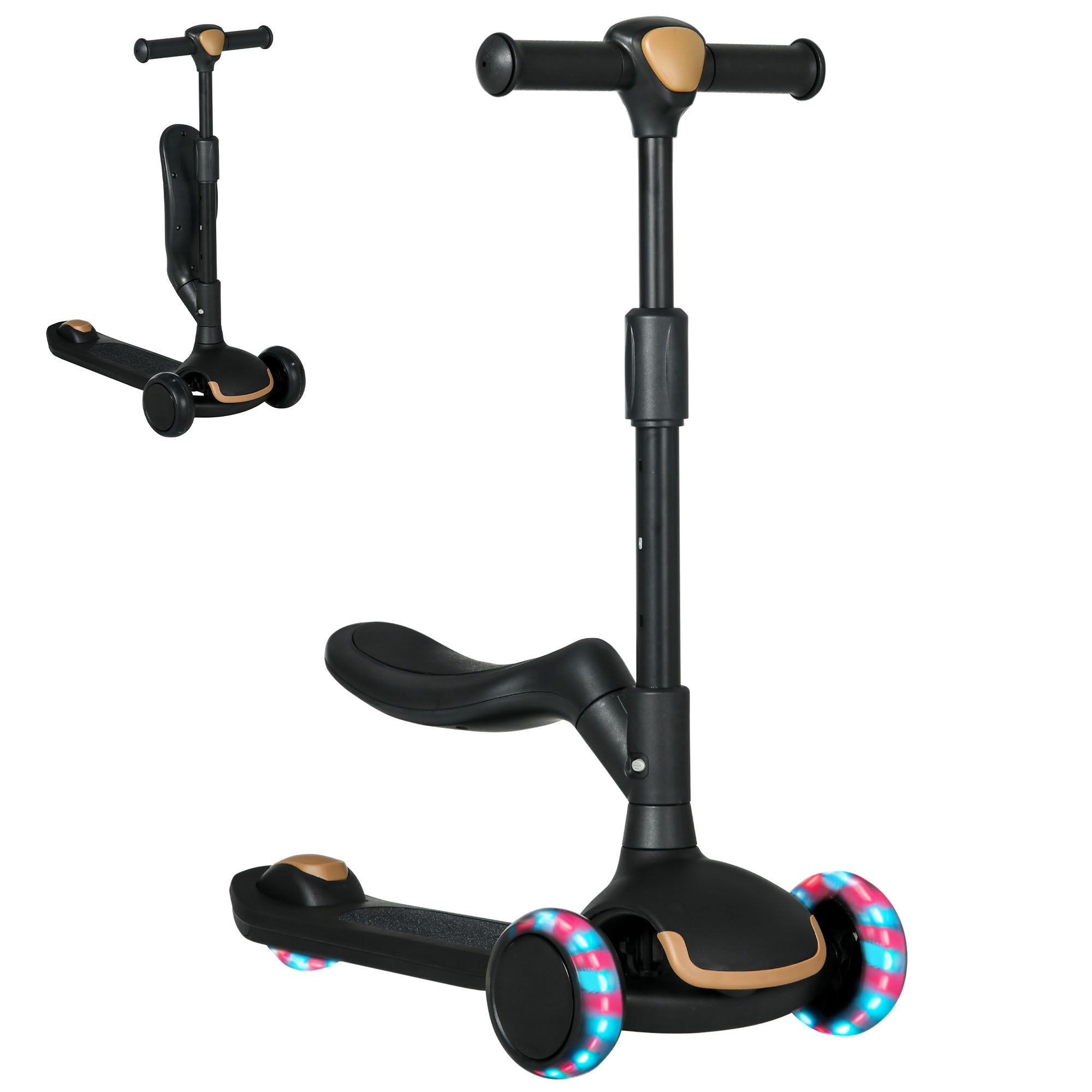 Trotinete Infantil 2 em 1 Altura Ajustável 3 Rodas Brilhantes - Preto 58x31x64-79 cm