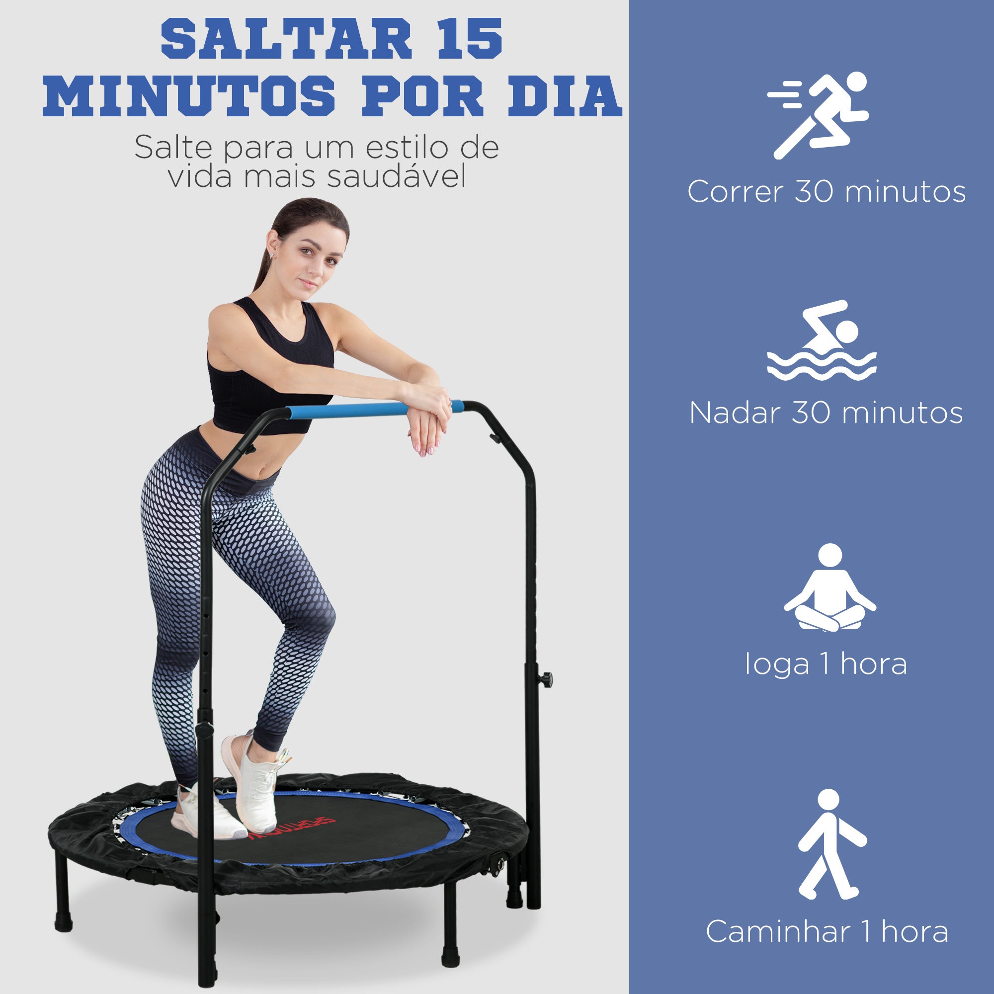 Trampolim Fitness Ø102 Dobrável com Pega Ajustável - Preto e Azul