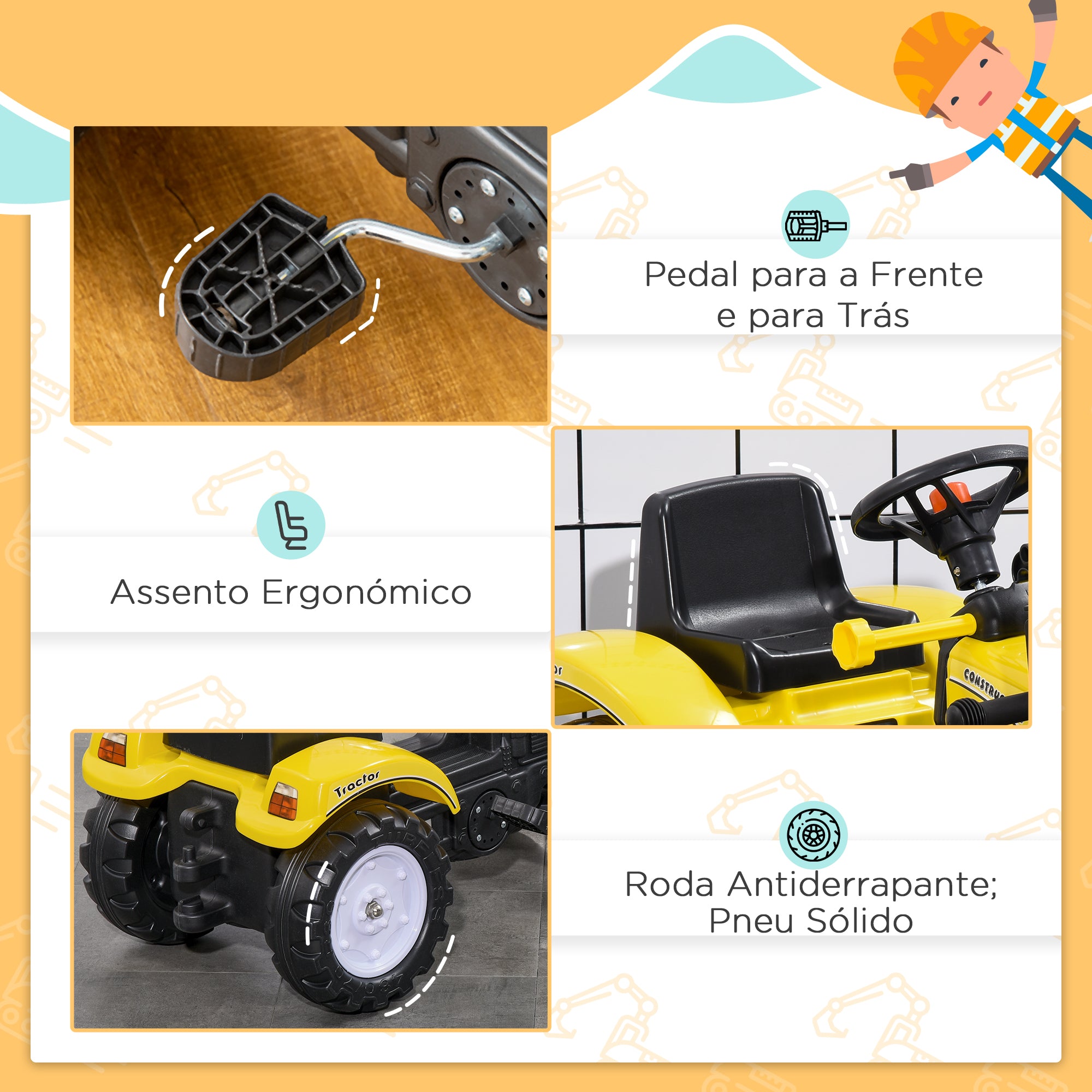 Trator Infantil a Pedal Amarelo e Preto 114x41x52 cm para Crianças +3 Anos