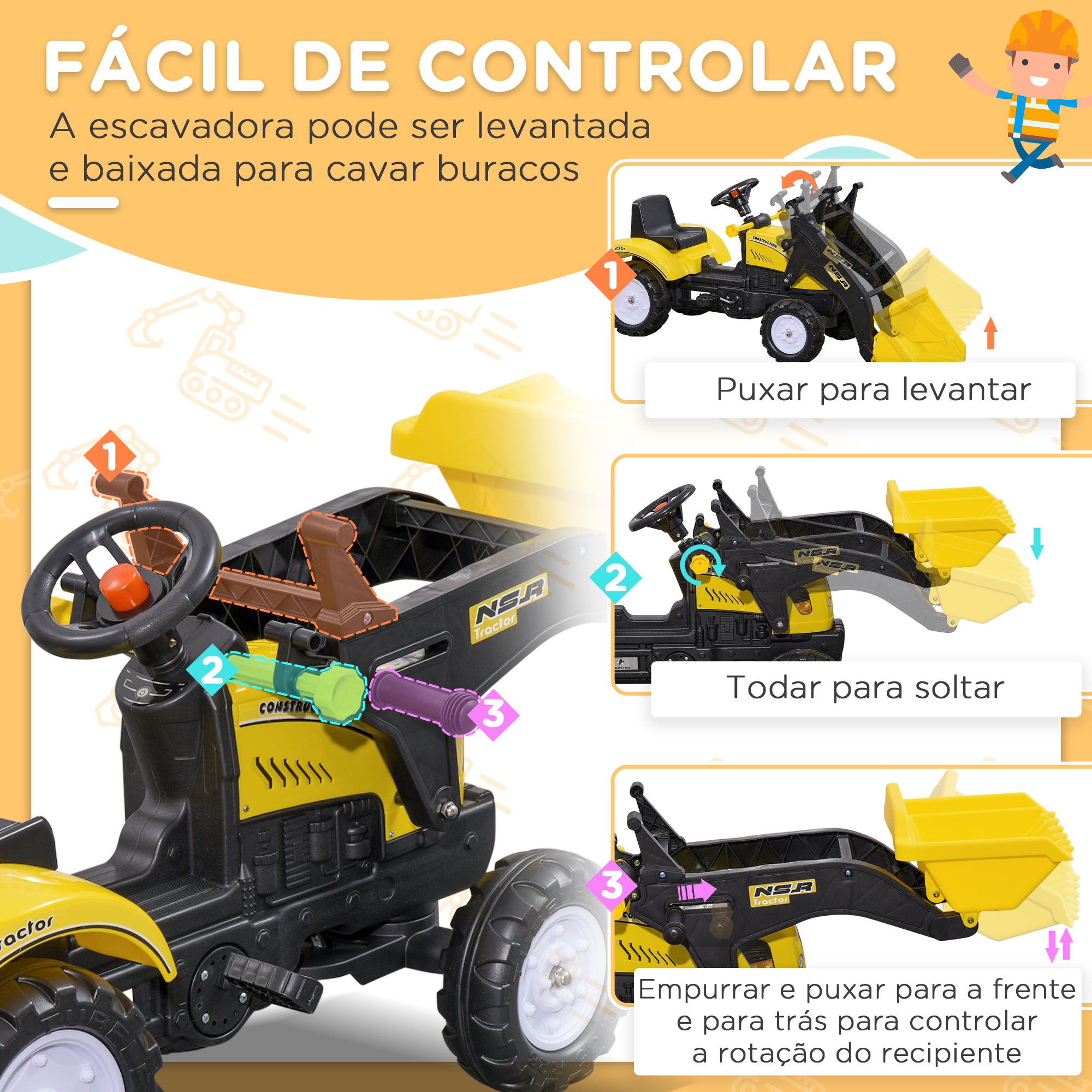Trator Infantil a Pedal Amarelo e Preto 114x41x52 cm para Crianças +3 Anos