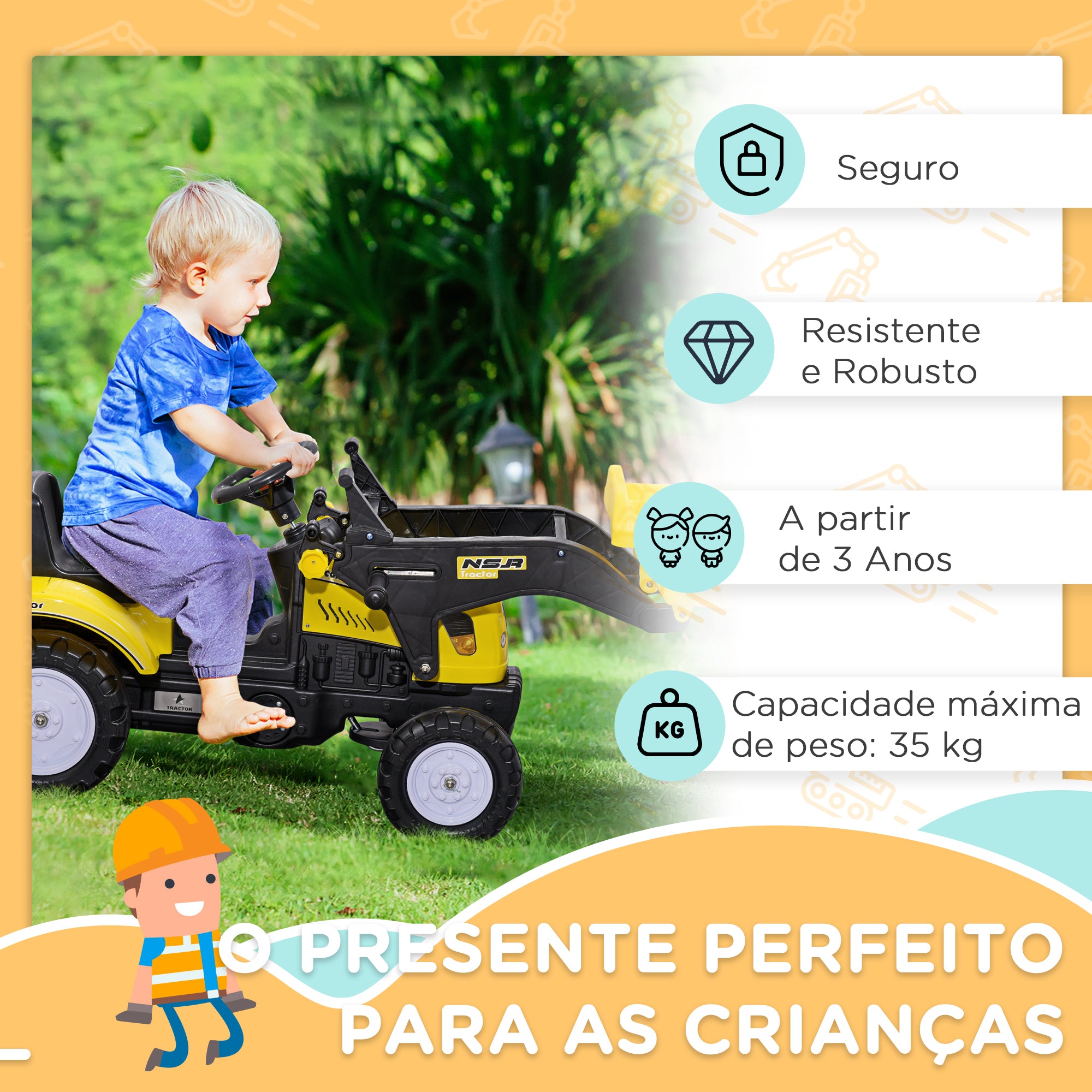 Trator Infantil a Pedal Amarelo e Preto 114x41x52 cm para Crianças +3 Anos