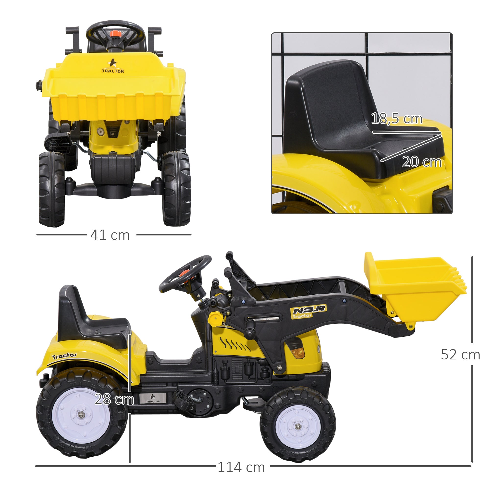 Trator Infantil a Pedal Amarelo e Preto 114x41x52 cm para Crianças +3 Anos