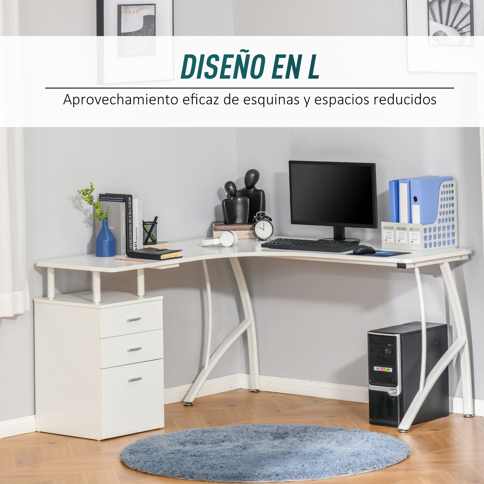 Secretária em Forma de L com 3 Gavetas 143,5x143,5x76cm Branco