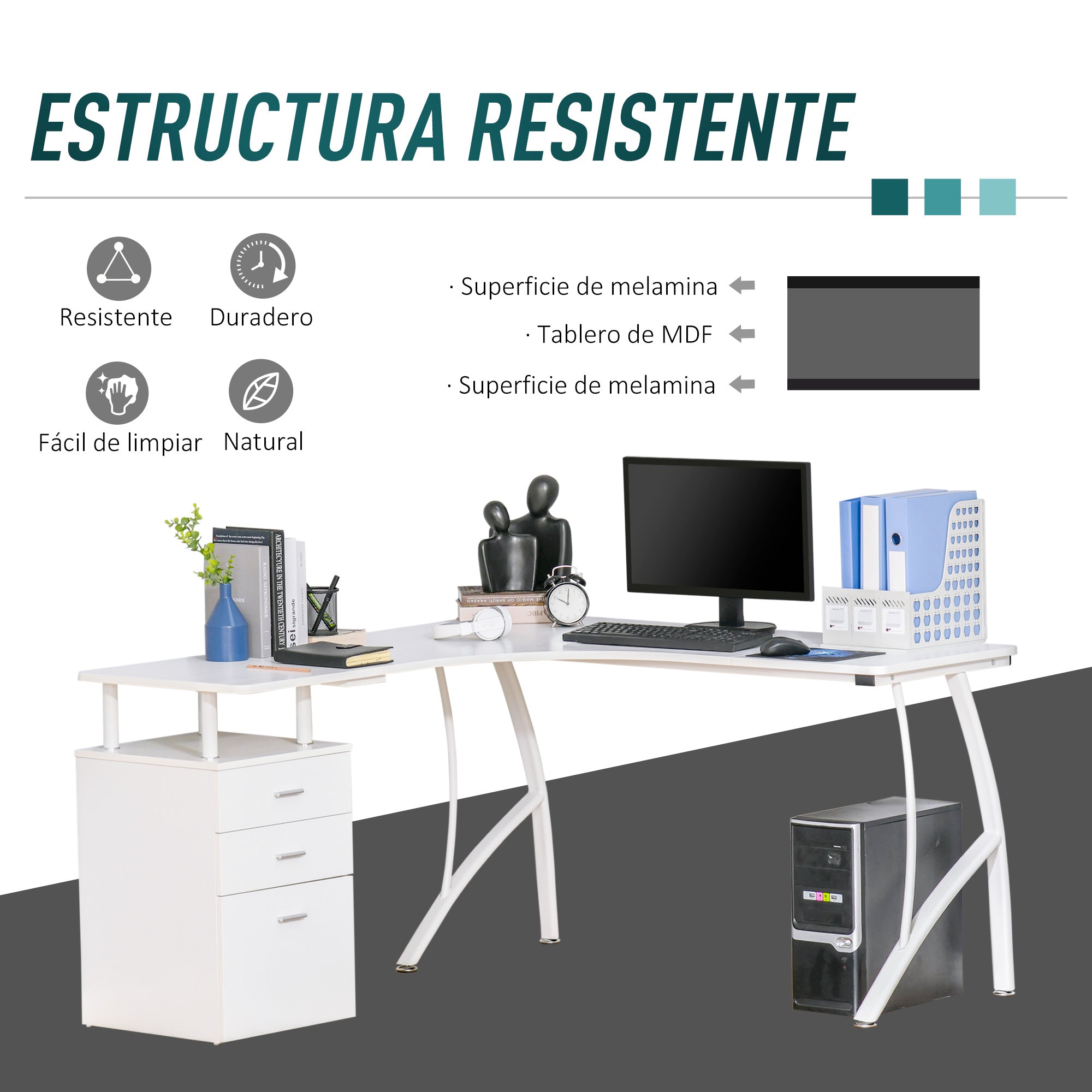 Secretária em Forma de L com 3 Gavetas 143,5x143,5x76cm Branco