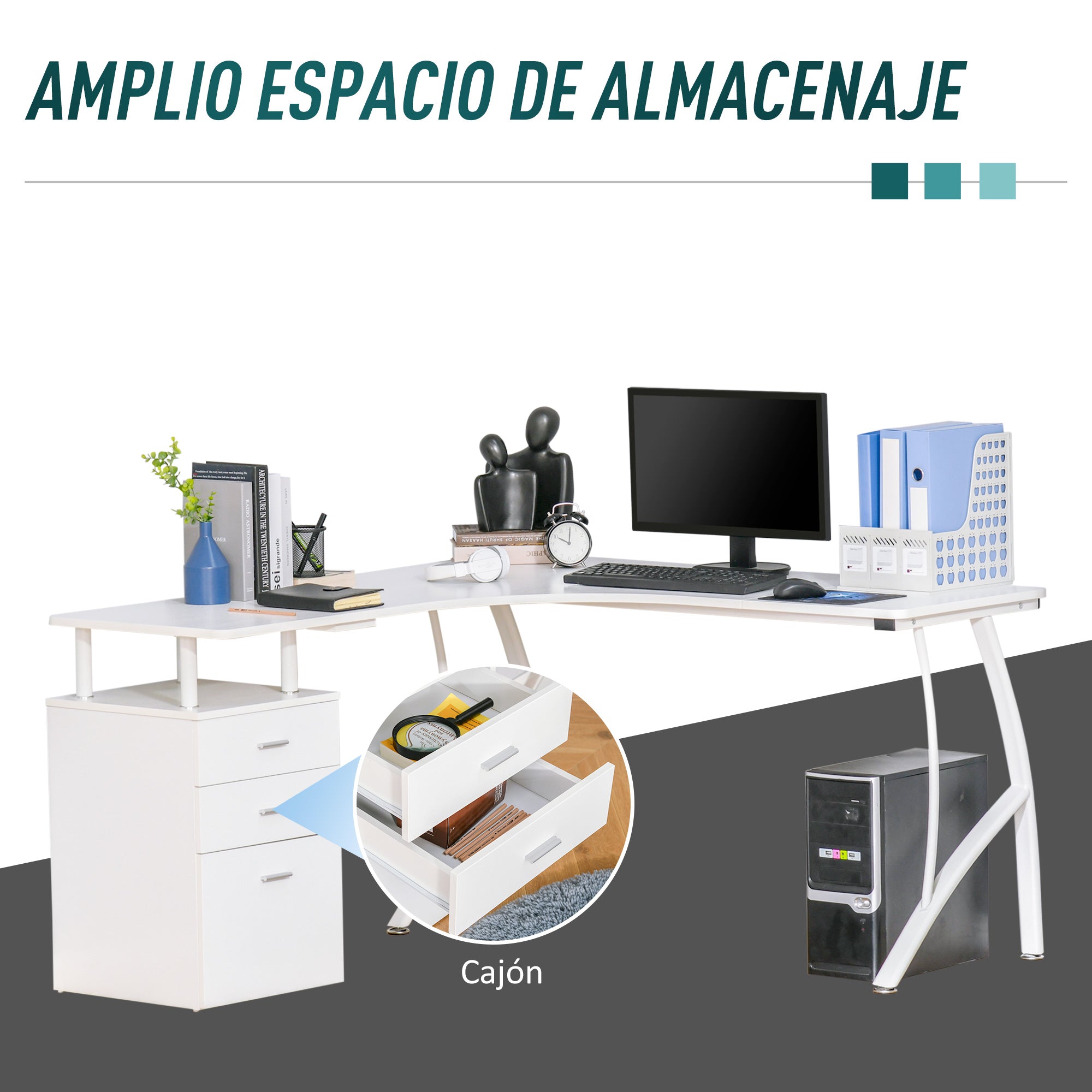 Secretária em Forma de L com 3 Gavetas 143,5x143,5x76cm Branco
