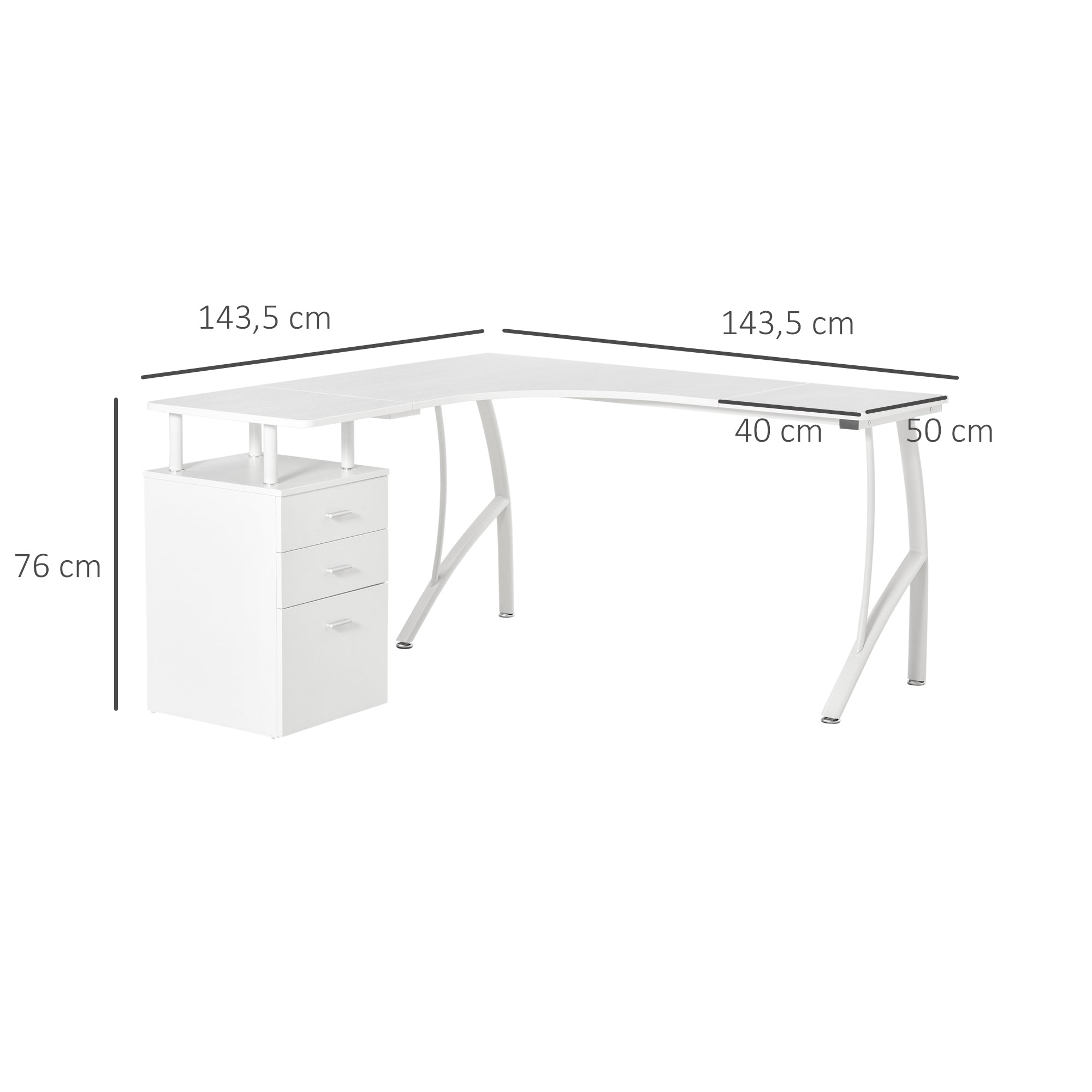 Secretária em Forma de L com 3 Gavetas 143,5x143,5x76cm Branco