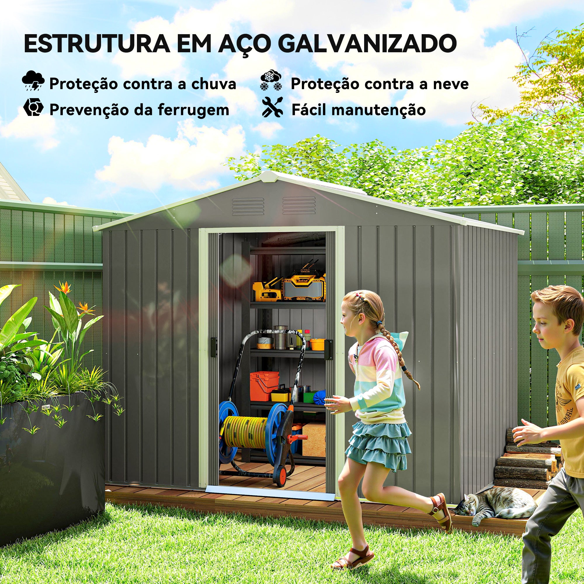 Abrigo de Jardim Cinzento 236x174x190 cm - Armazenamento de Ferramentas com Ventilação
