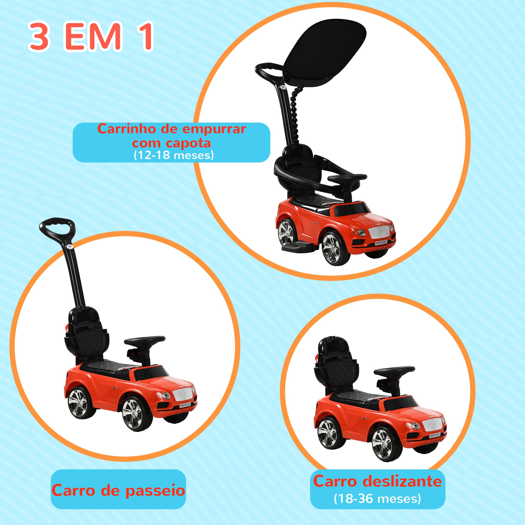 Carro Andador 3 em 1 Vermelho - 90x49x95 cm