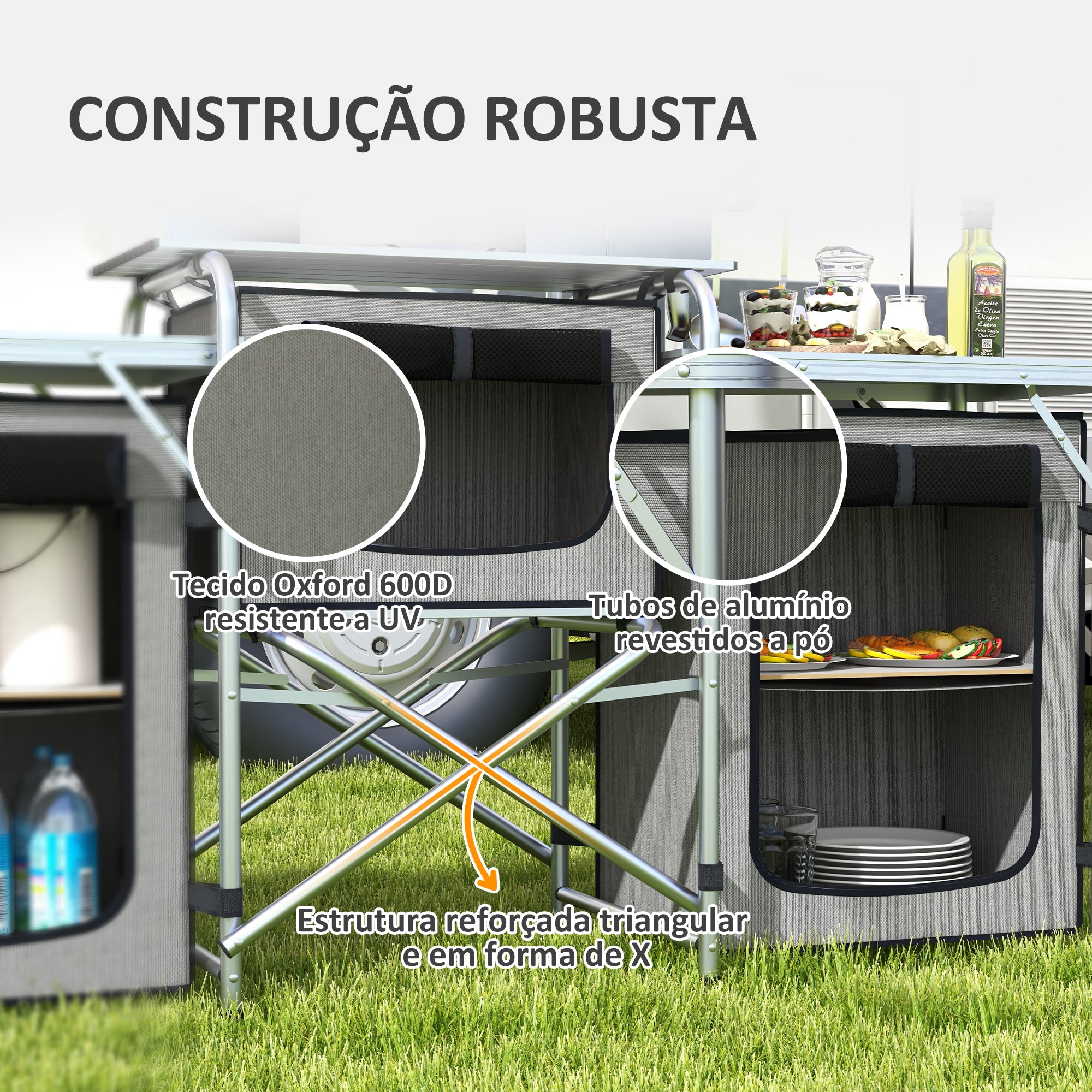 Móvel de Cozinha para Campismo Dobrável 172x48x119 cm Cinza e Prata