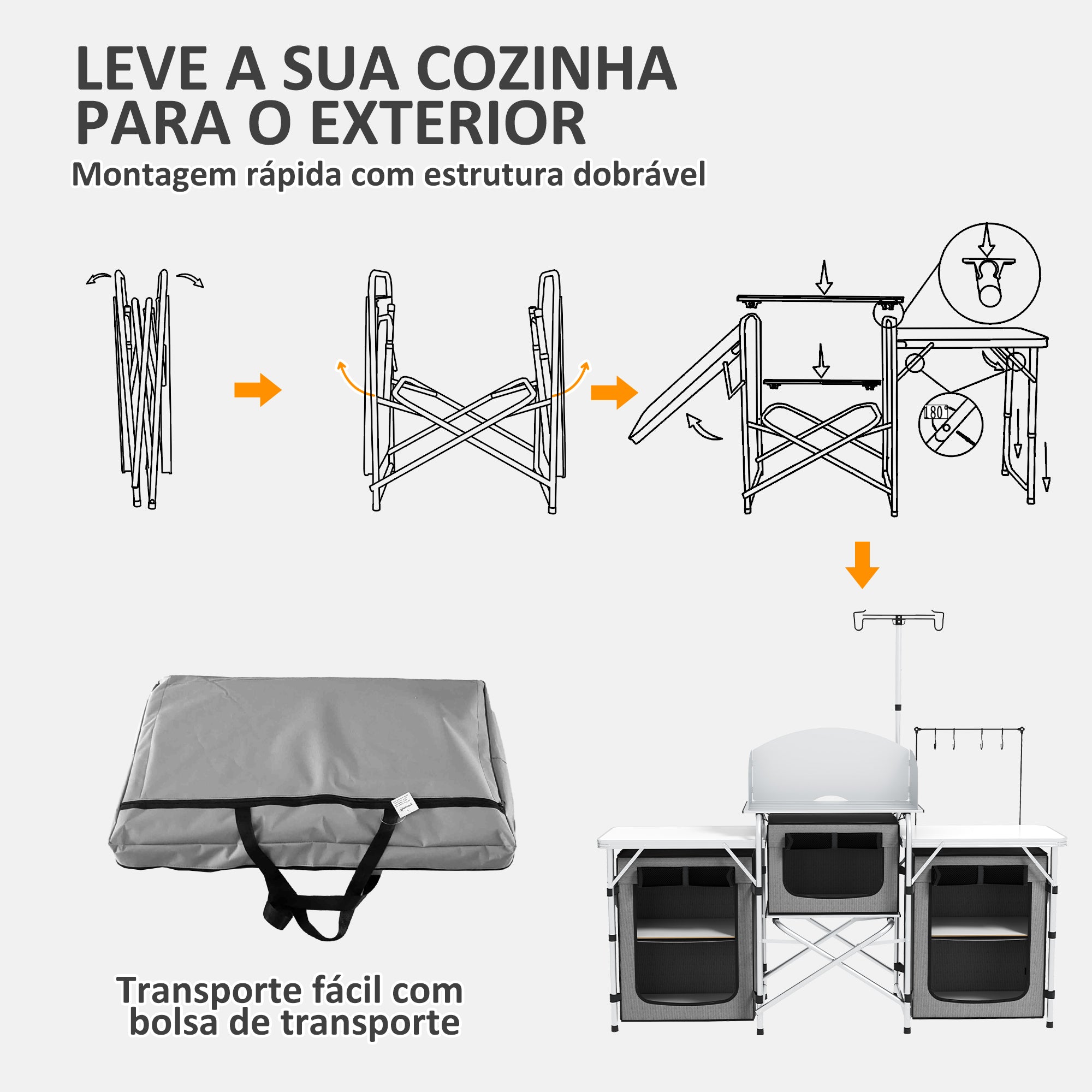 Móvel de Cozinha para Campismo Dobrável 172x48x119 cm Cinza e Prata
