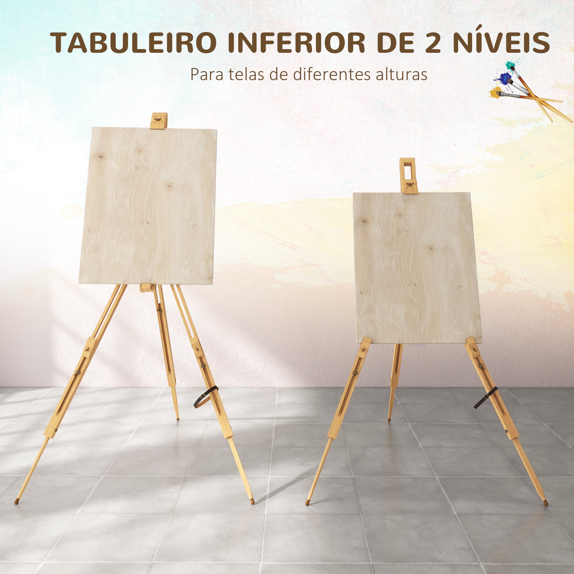 Cavalete de Pintura Dobrável em Madeira Natural 93x84x183 cm