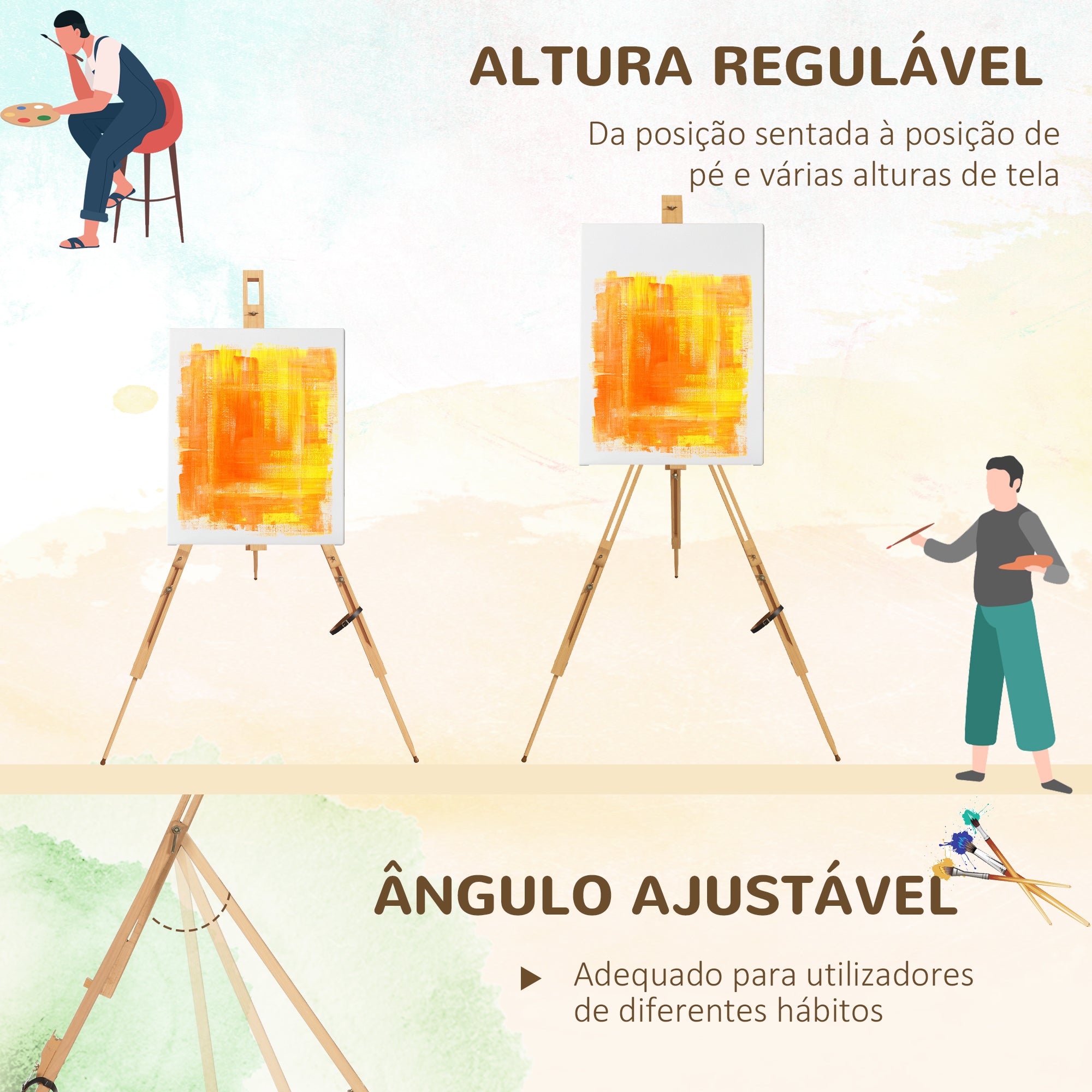 Cavalete de Pintura Dobrável em Madeira Natural 93x84x183 cm