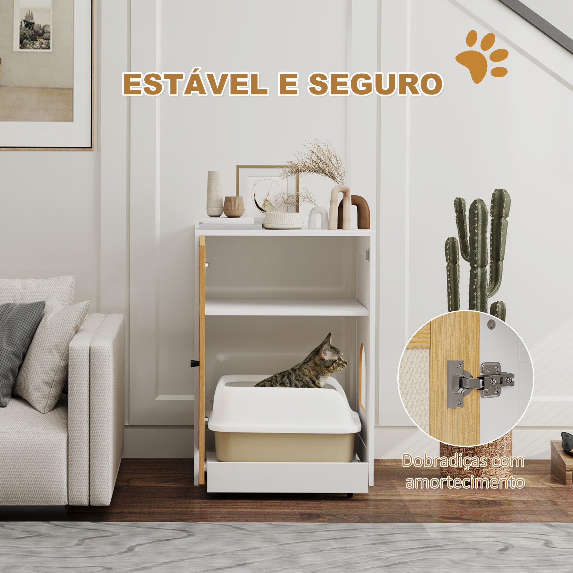Caixa de Areia para Gatos – 57x50x80,5 cm – Branco e Madeira
