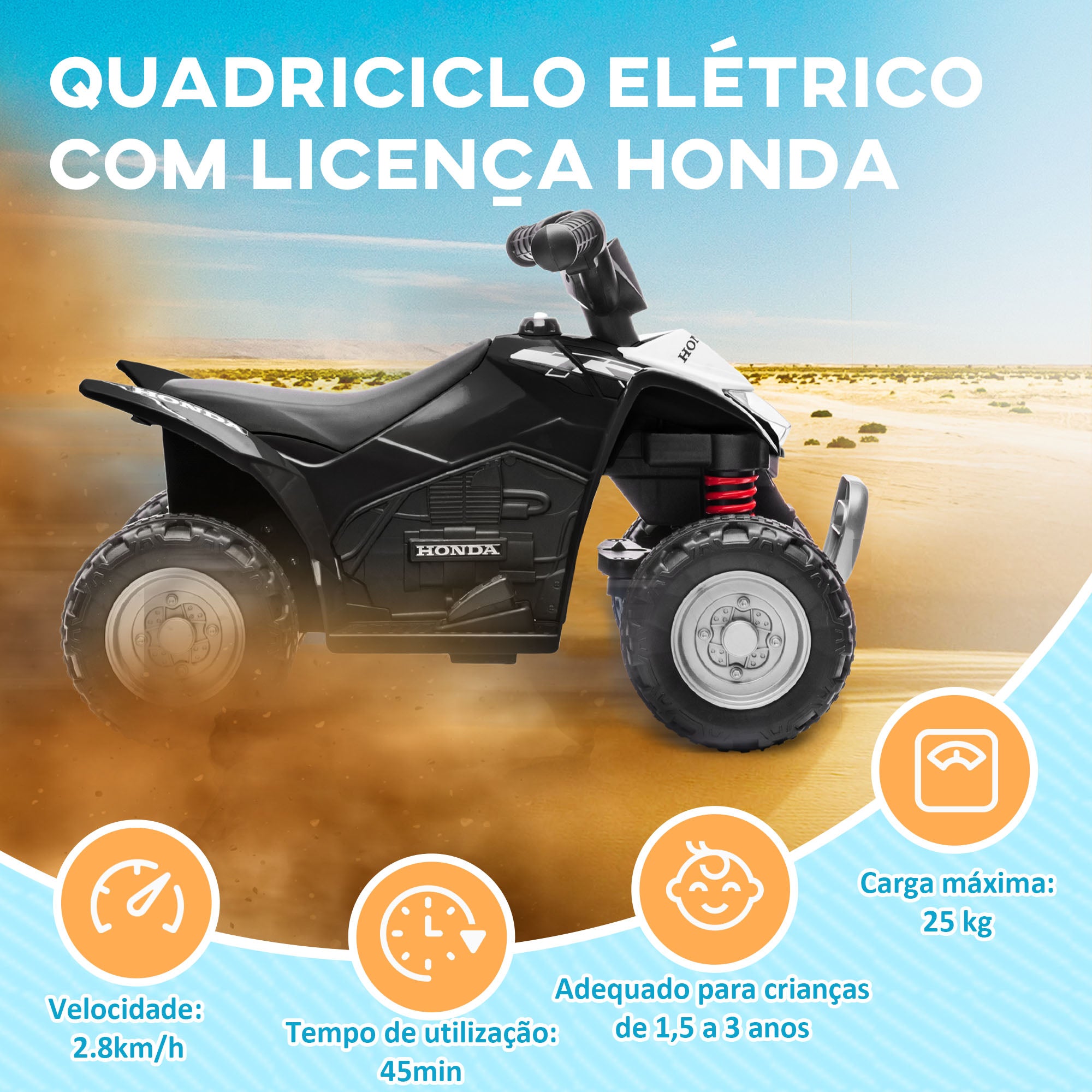 Quadriciclo Elétrico Infantil 65,5x35,5x43,5 cm - Branco e Preto