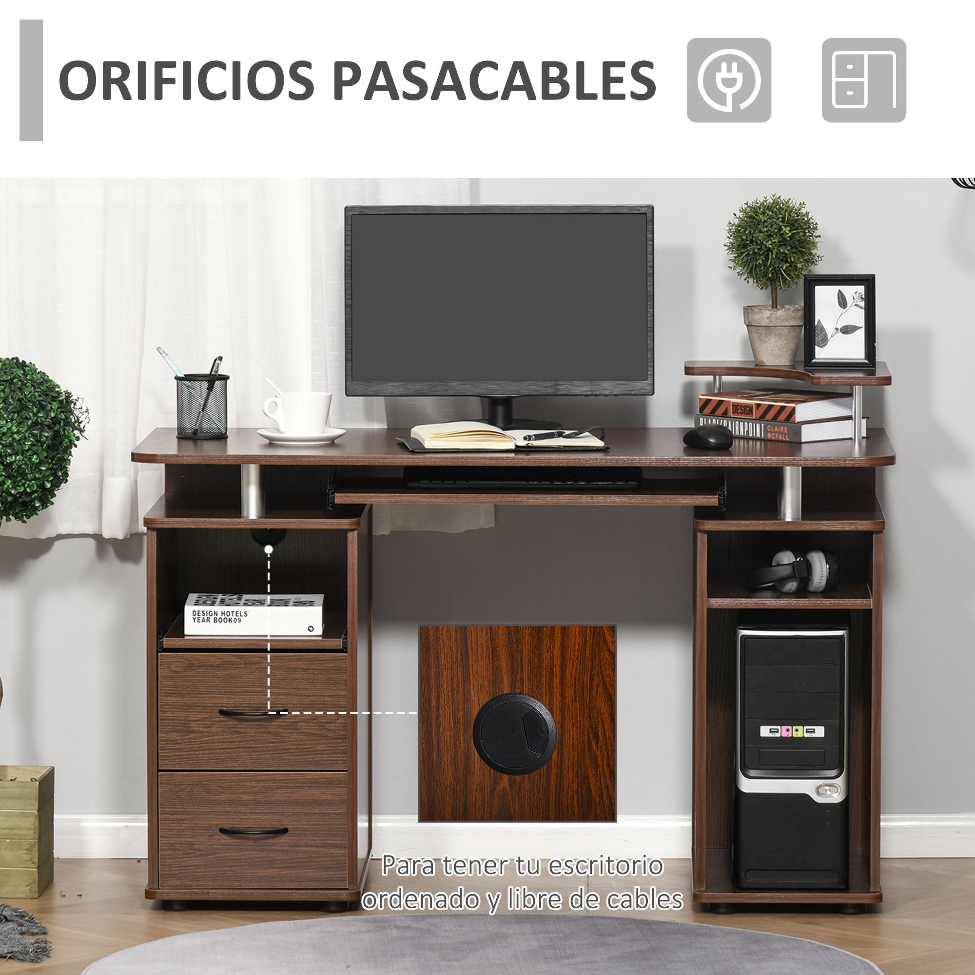 Secretária para Computador com Prateleiras e 2 Gavetas - Noz 120x55x85 cm